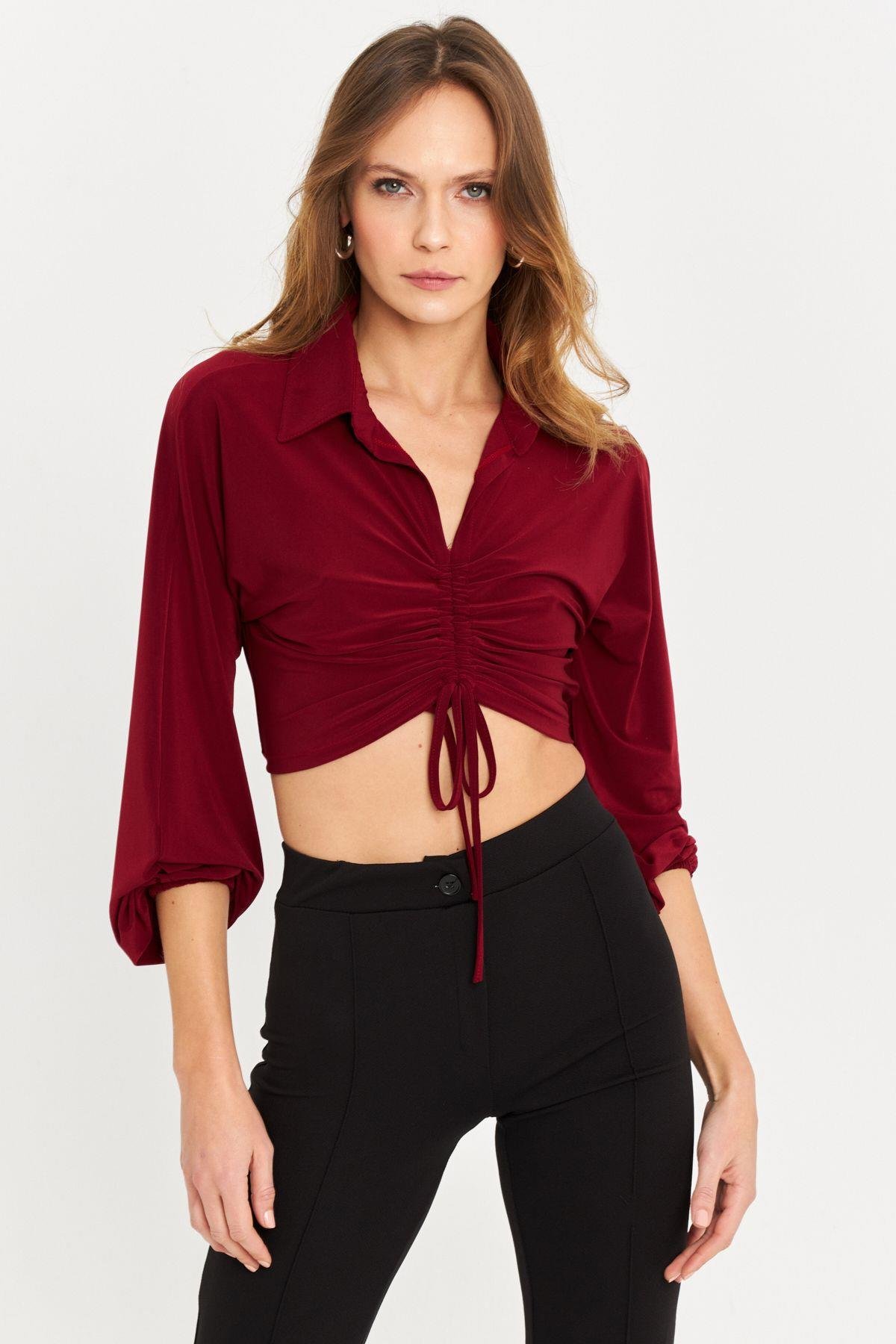 Kadın Bordo Önü Büzgülü Crop Bluz MRS103