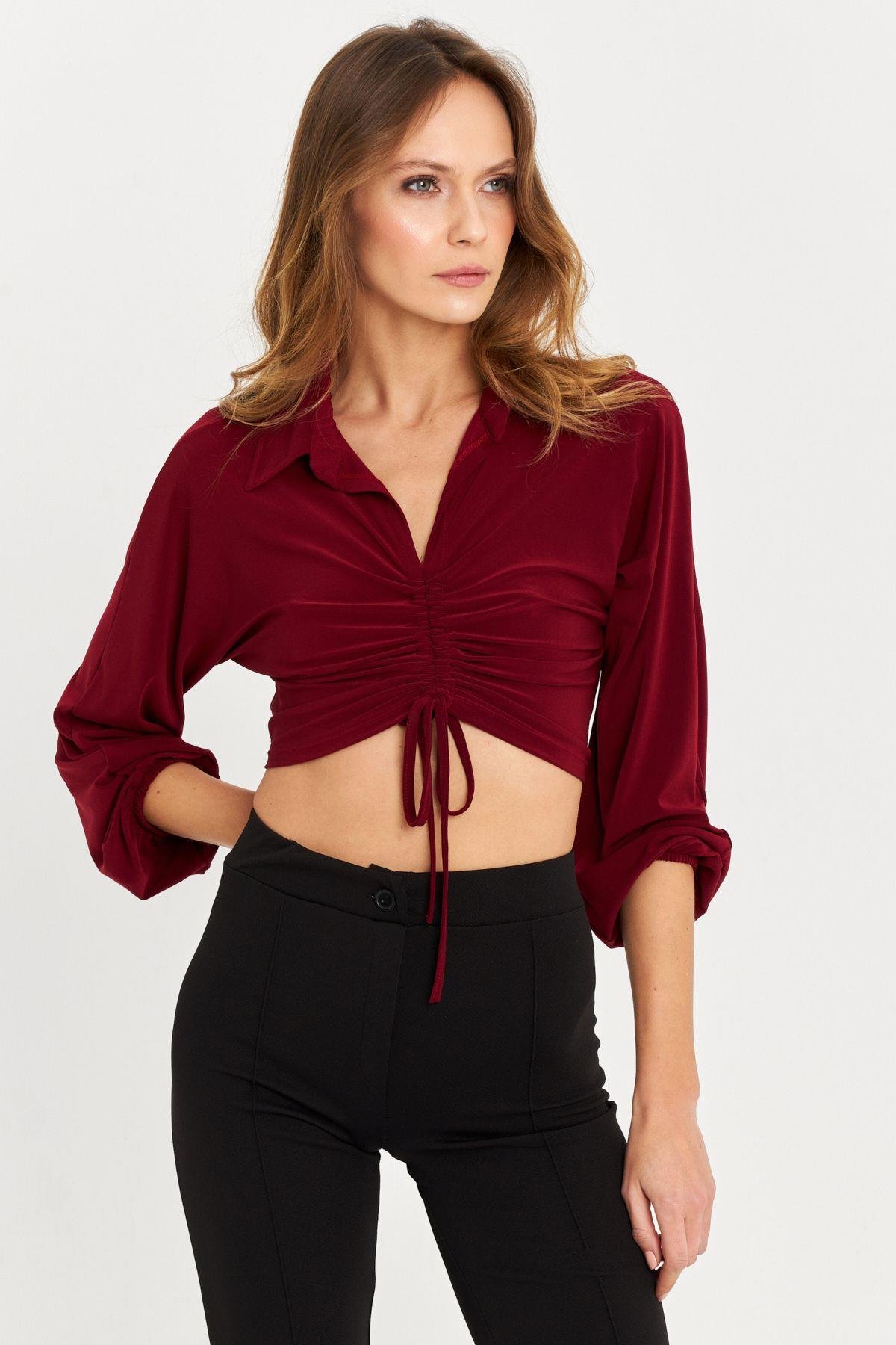 Kadın Bordo Önü Büzgülü Crop Bluz MRS103