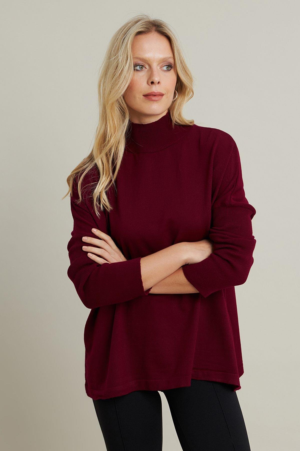 Kadın Bordo Salaş Triko Bluz YV289