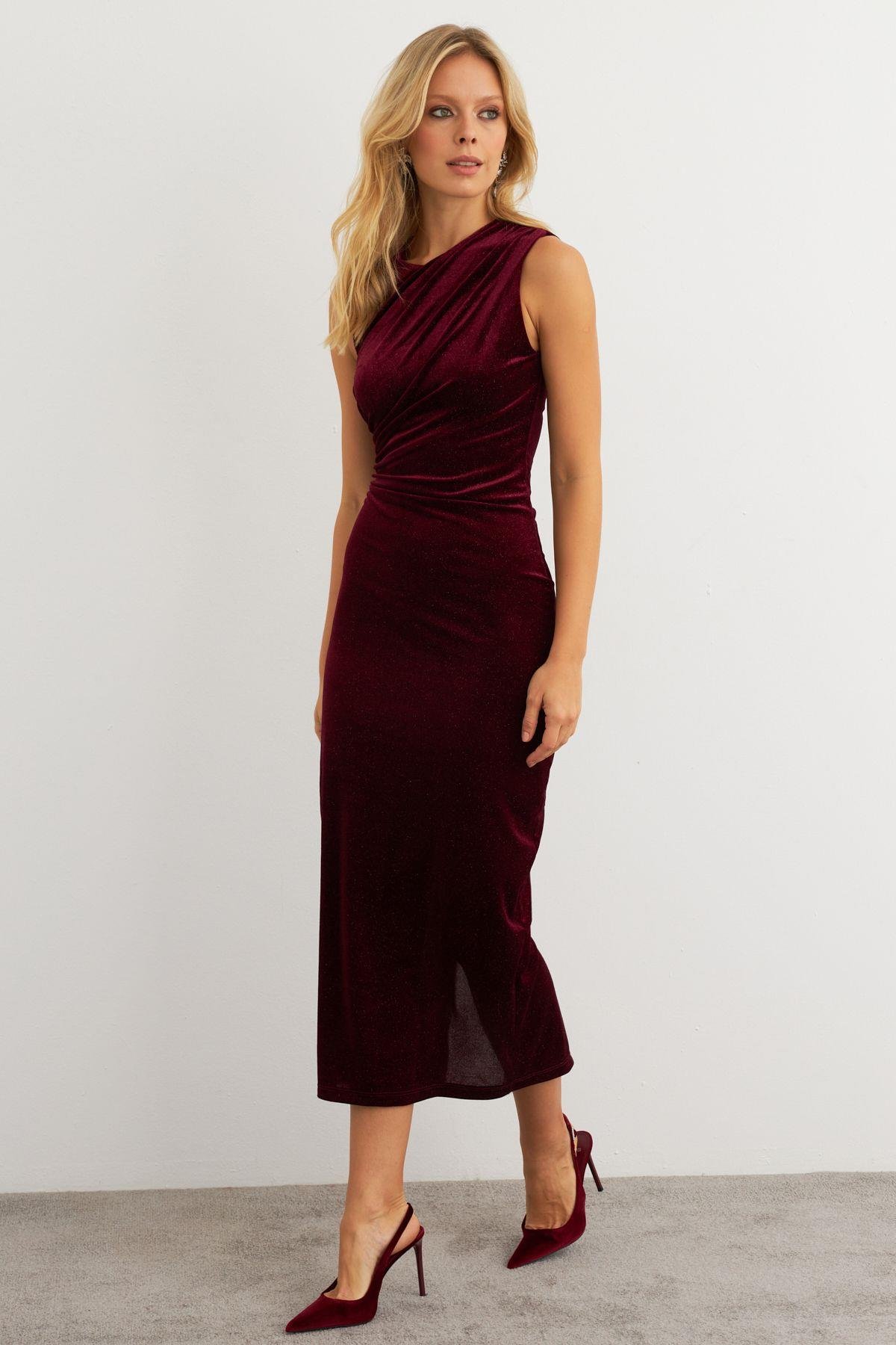 Kadın Bordo Simli Drapeli Maxi Elbise KED4481