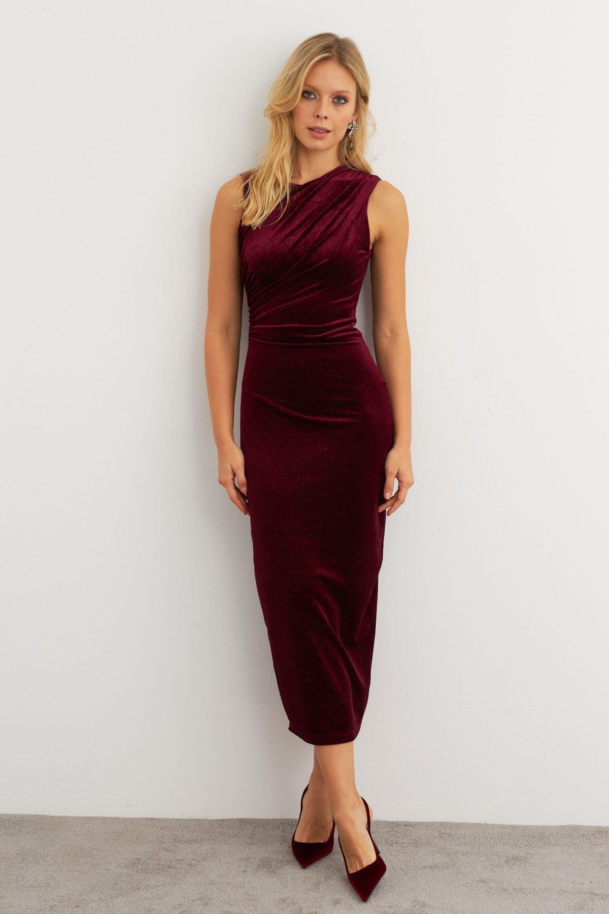 Kadın Bordo Simli Drapeli Maxi Elbise KED4481