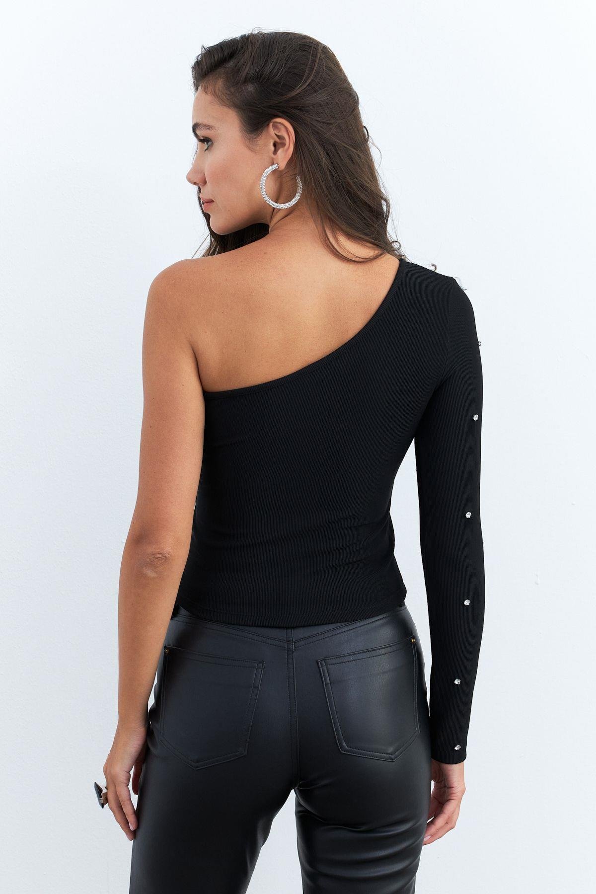 Kadın Bordo Taşlı Tek Kol Crop Bluz HOL2