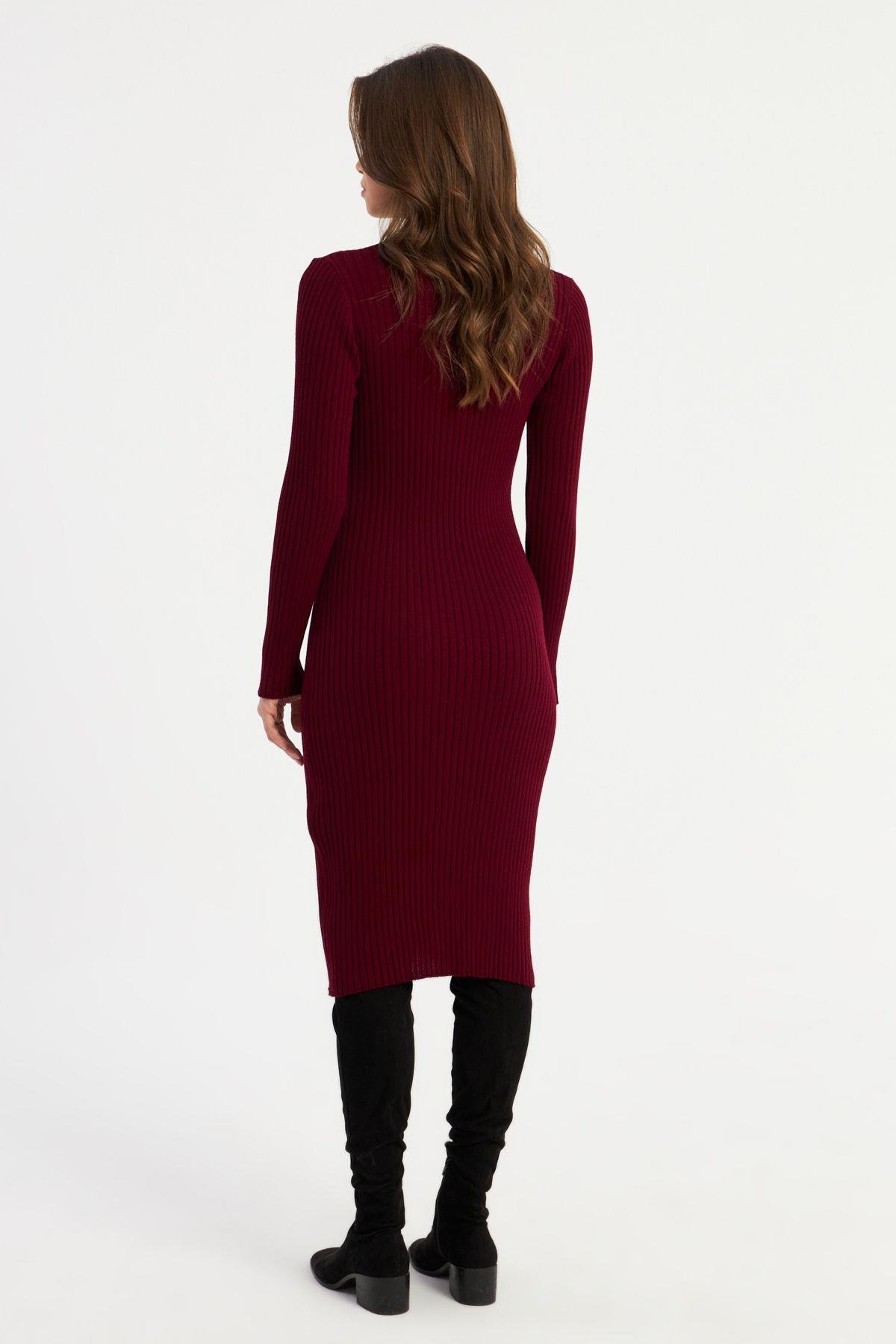 Kadın Bordo Triko Midi Elbise YV303