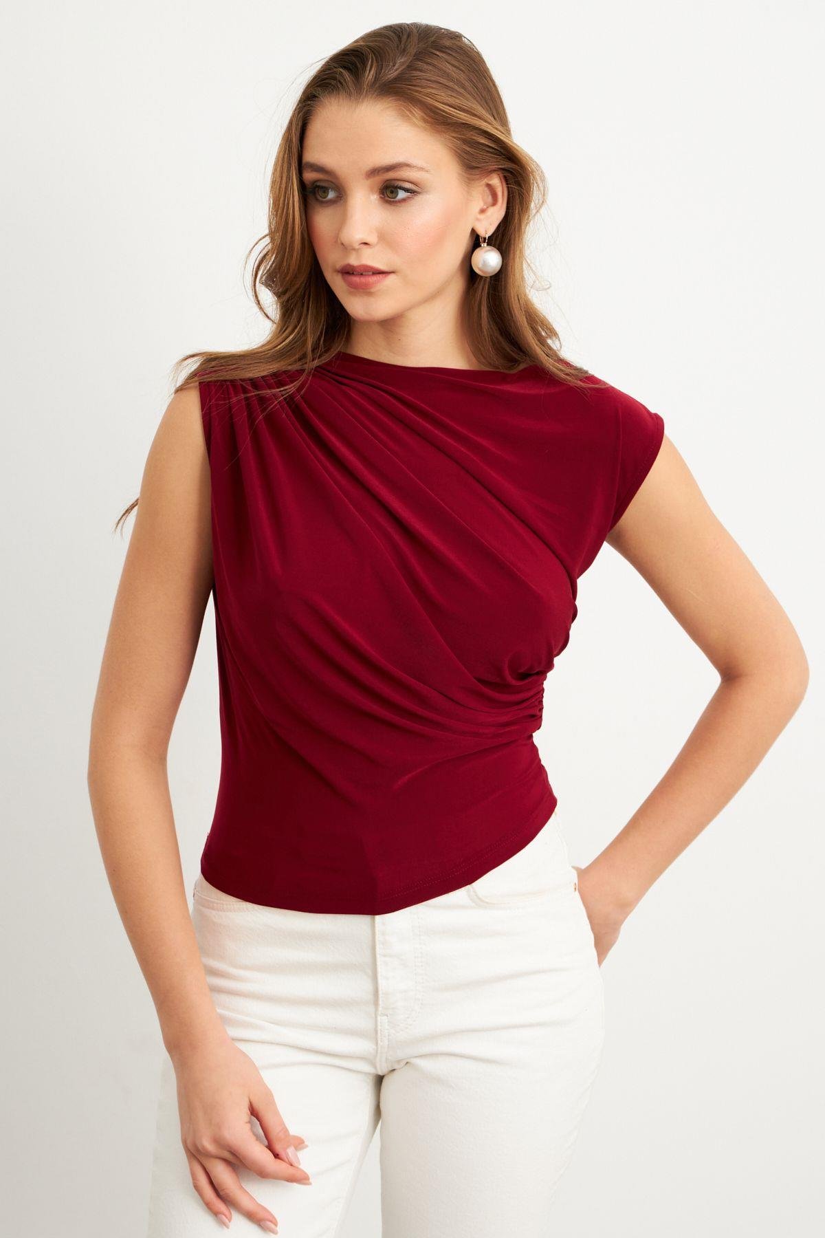Kadın Bordo Yarım Balıkçı Desenli Bluz LPP1205