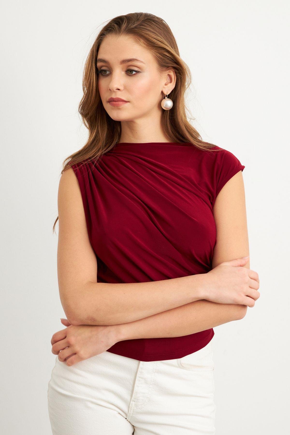 Kadın Bordo Yarım Balıkçı Desenli Bluz LPP1205