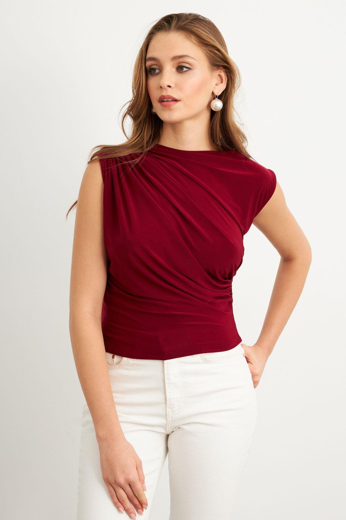 Kadın Bordo Yarım Balıkçı Desenli Bluz LPP1205