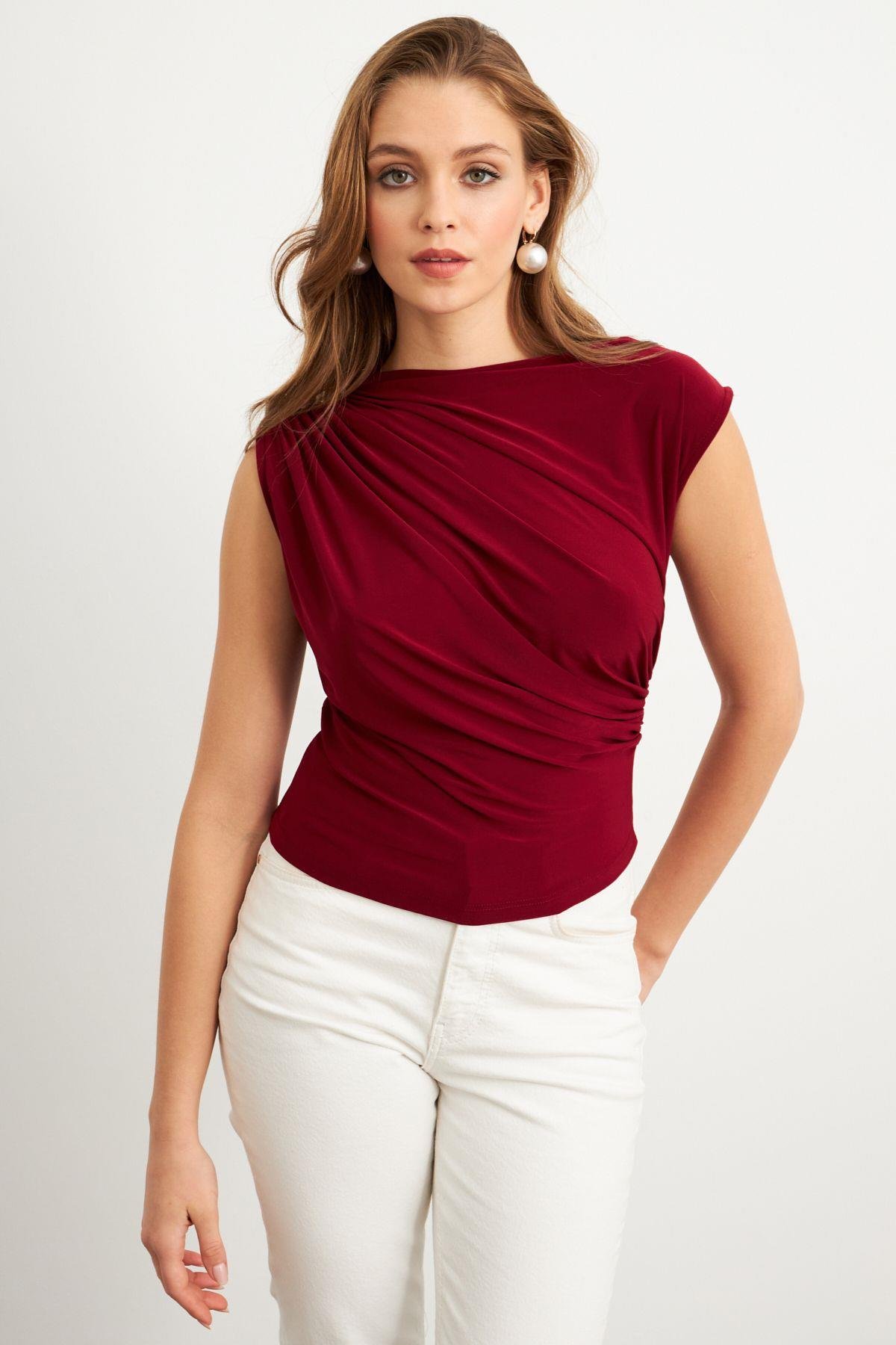 Kadın Bordo Yarım Balıkçı Desenli Bluz LPP1205