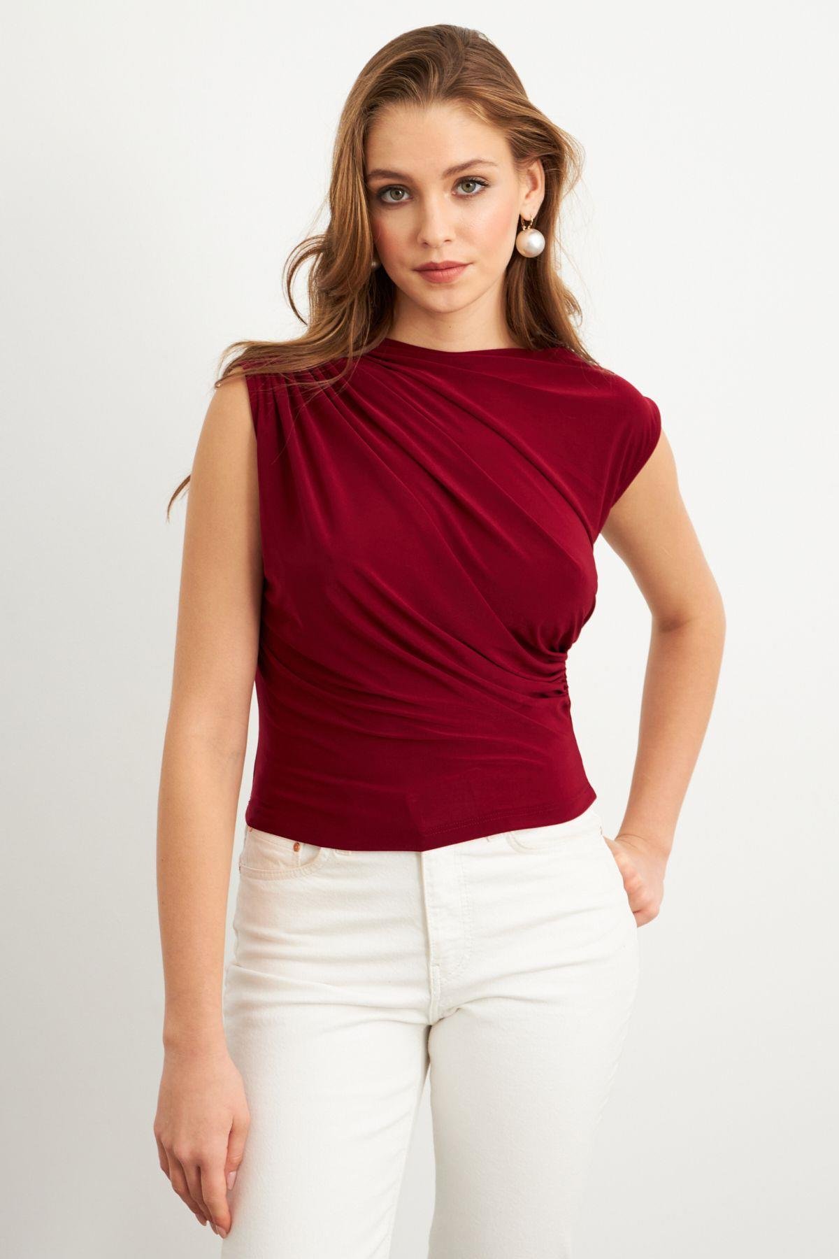Kadın Bordo Yarım Balıkçı Desenli Bluz LPP1205