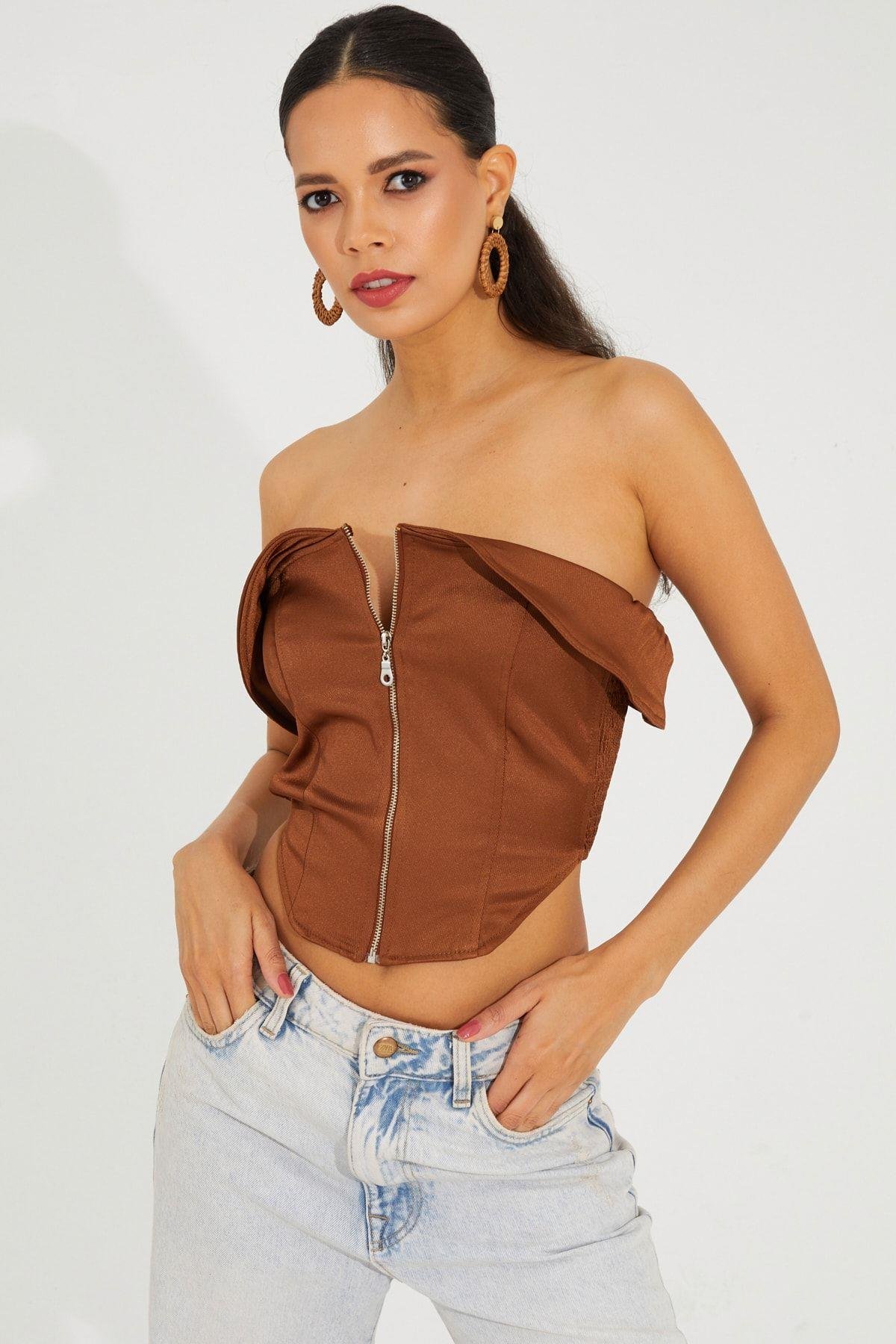 Kadın Bronz Fermuarlı Straplez Crop Bluz SF2502