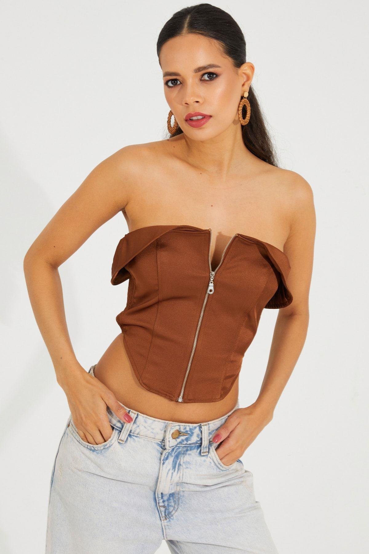 Kadın Bronz Fermuarlı Straplez Crop Bluz SF2502
