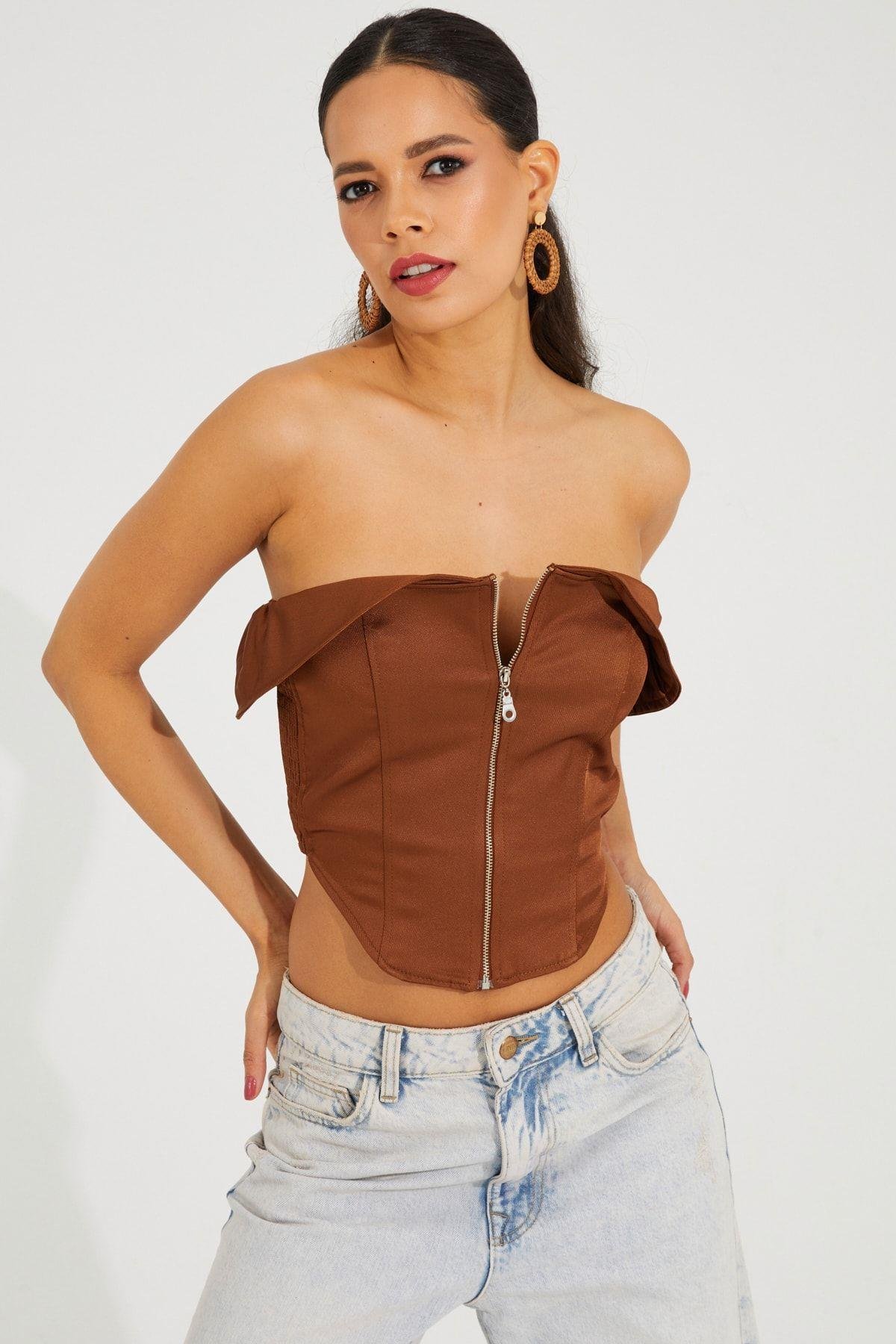 Kadın Bronz Fermuarlı Straplez Crop Bluz SF2502
