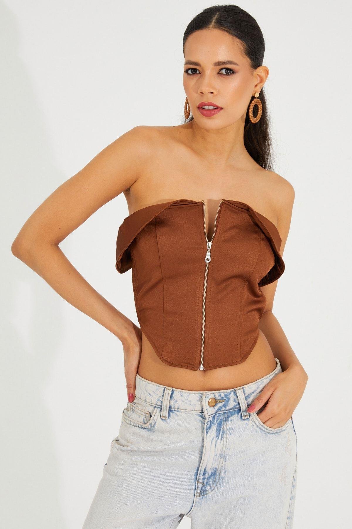 Kadın Bronz Fermuarlı Straplez Crop Bluz SF2502