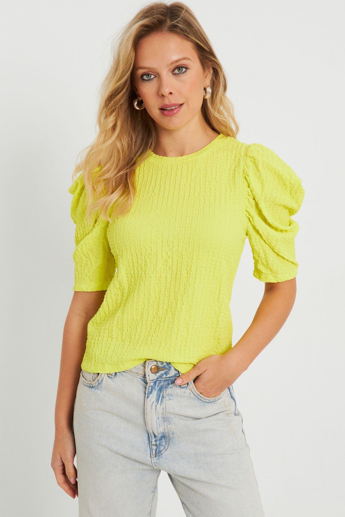 Kadın Bürümcük Bluz Neon Sarı AYD282