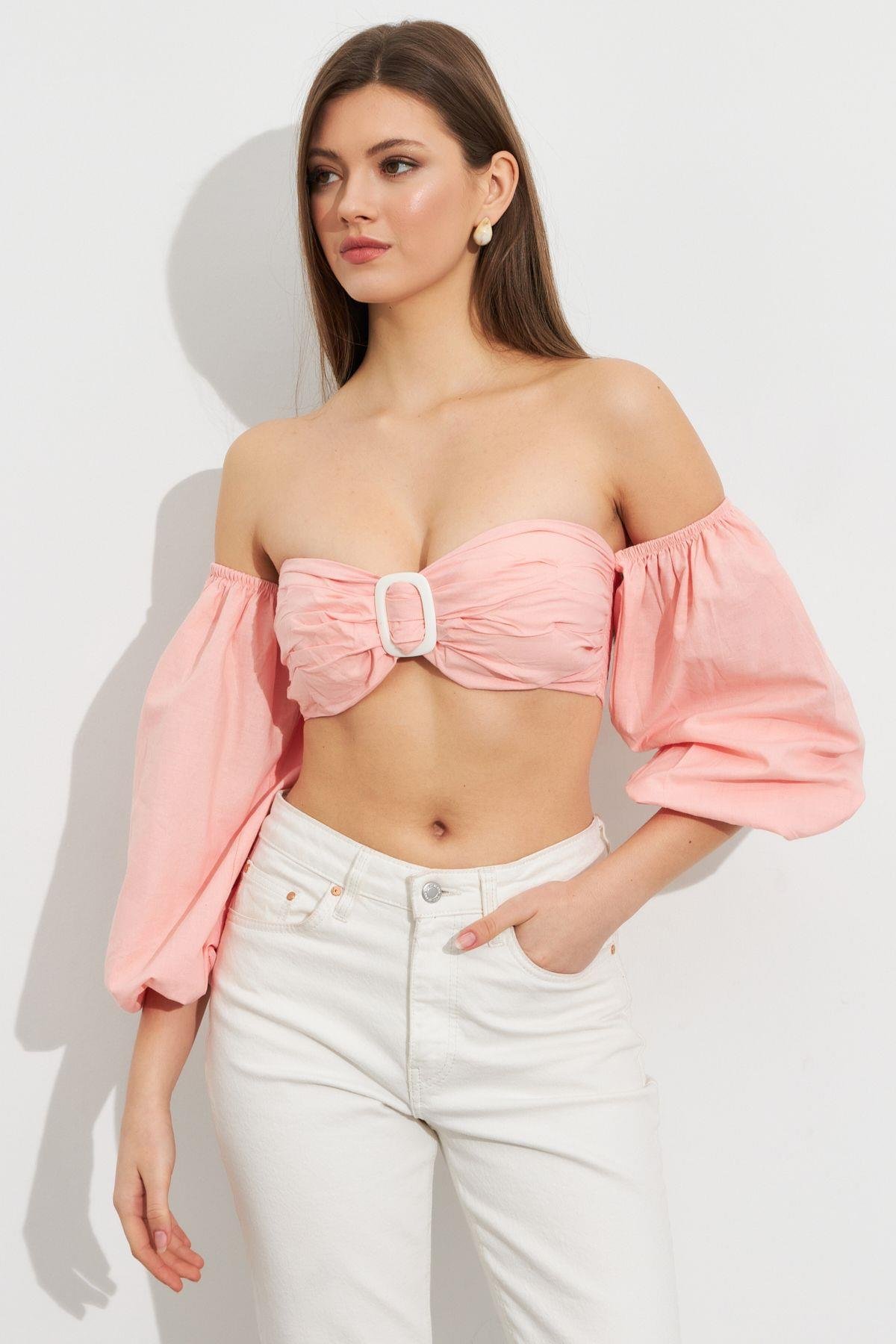 Kadın Butter Yellow Balon Kol Crop Bluz Rop111