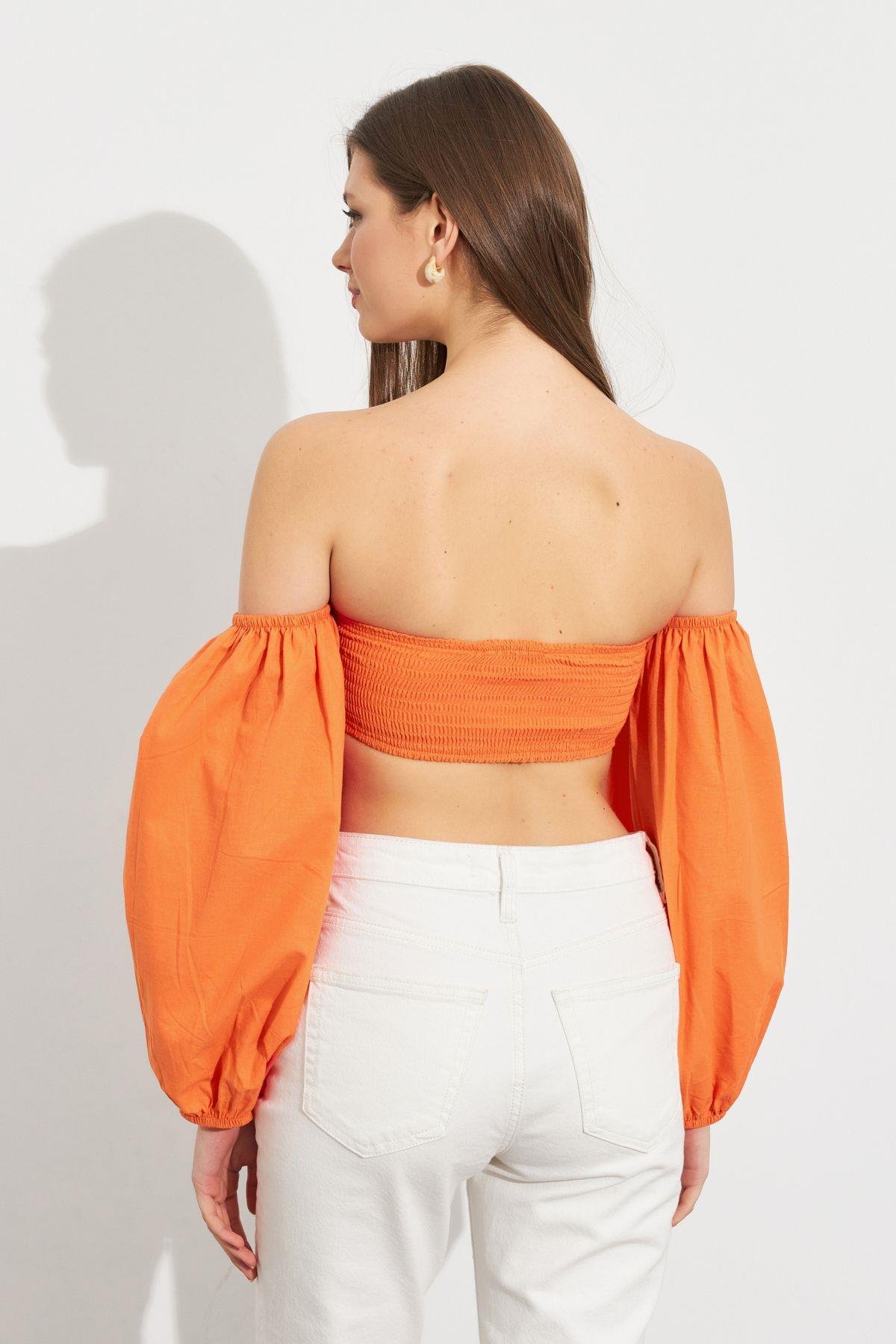 Kadın Butter Yellow Balon Kol Crop Bluz Rop111