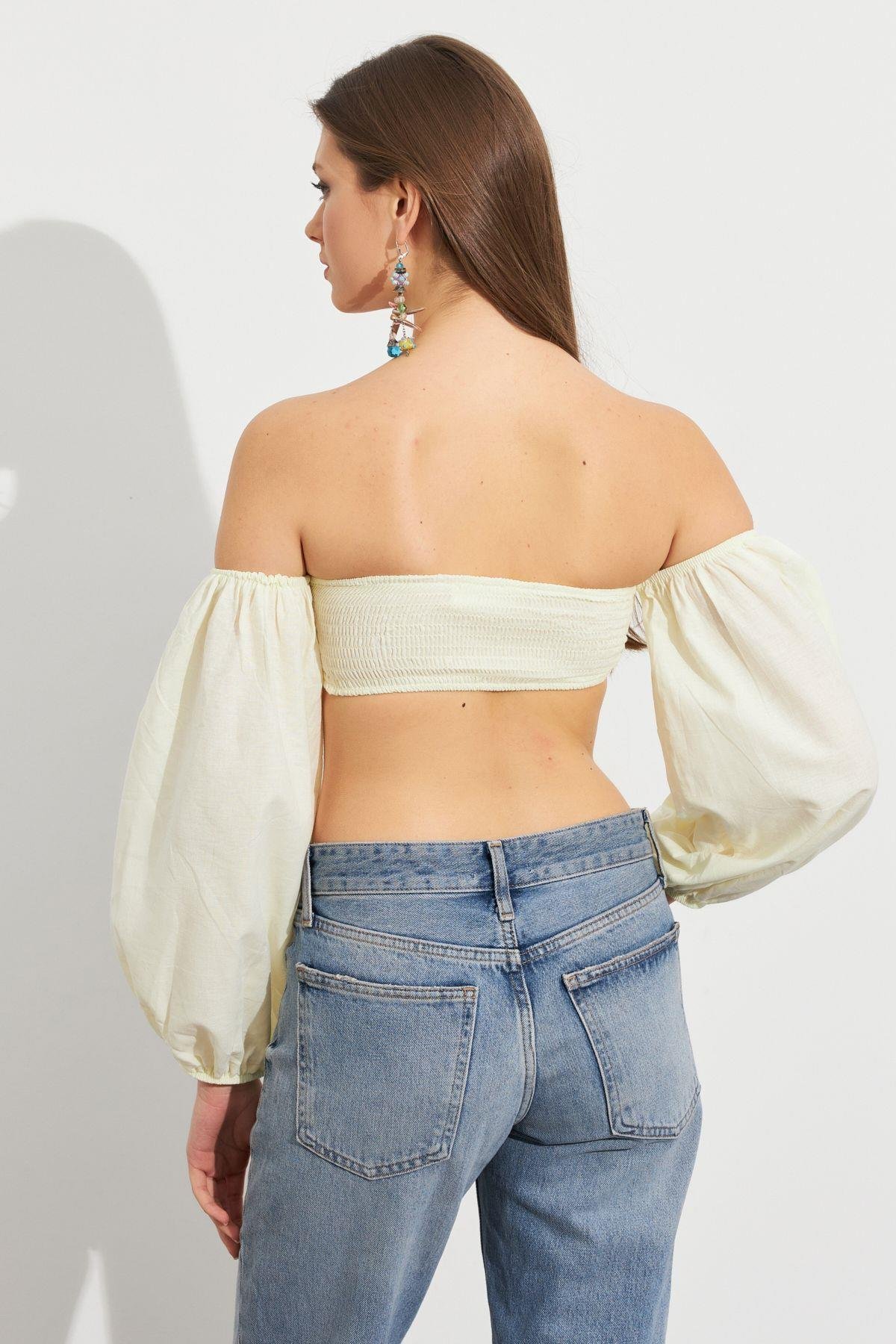 Kadın Butter Yellow Balon Kol Crop Bluz Rop111