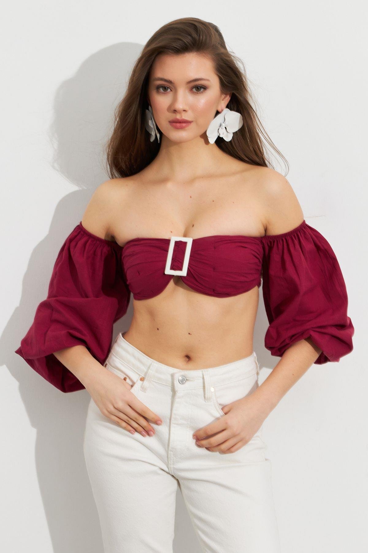Kadın Butter Yellow Balon Kol Crop Bluz Rop111