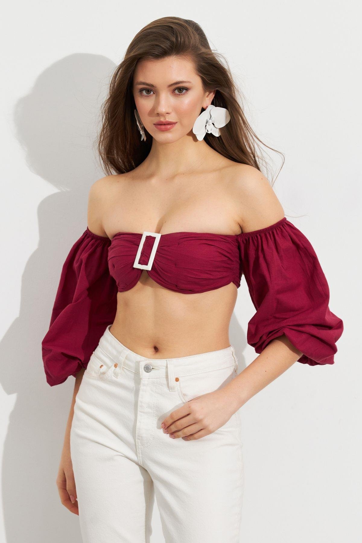 Kadın Butter Yellow Balon Kol Crop Bluz Rop111