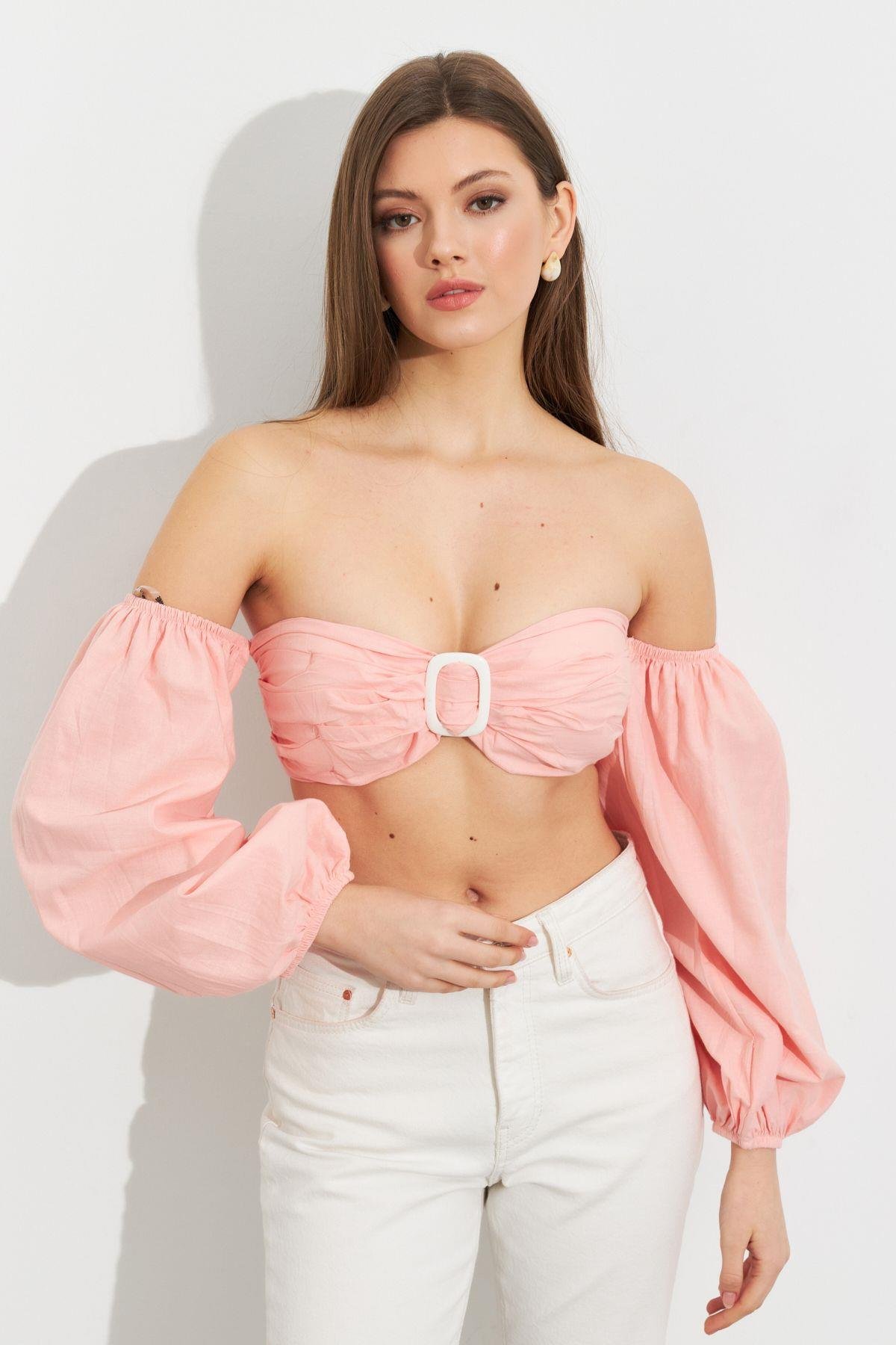 Kadın Butter Yellow Balon Kol Crop Bluz Rop111