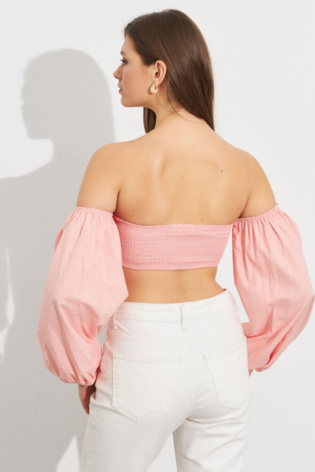 Kadın Butter Yellow Balon Kol Crop Bluz Rop111