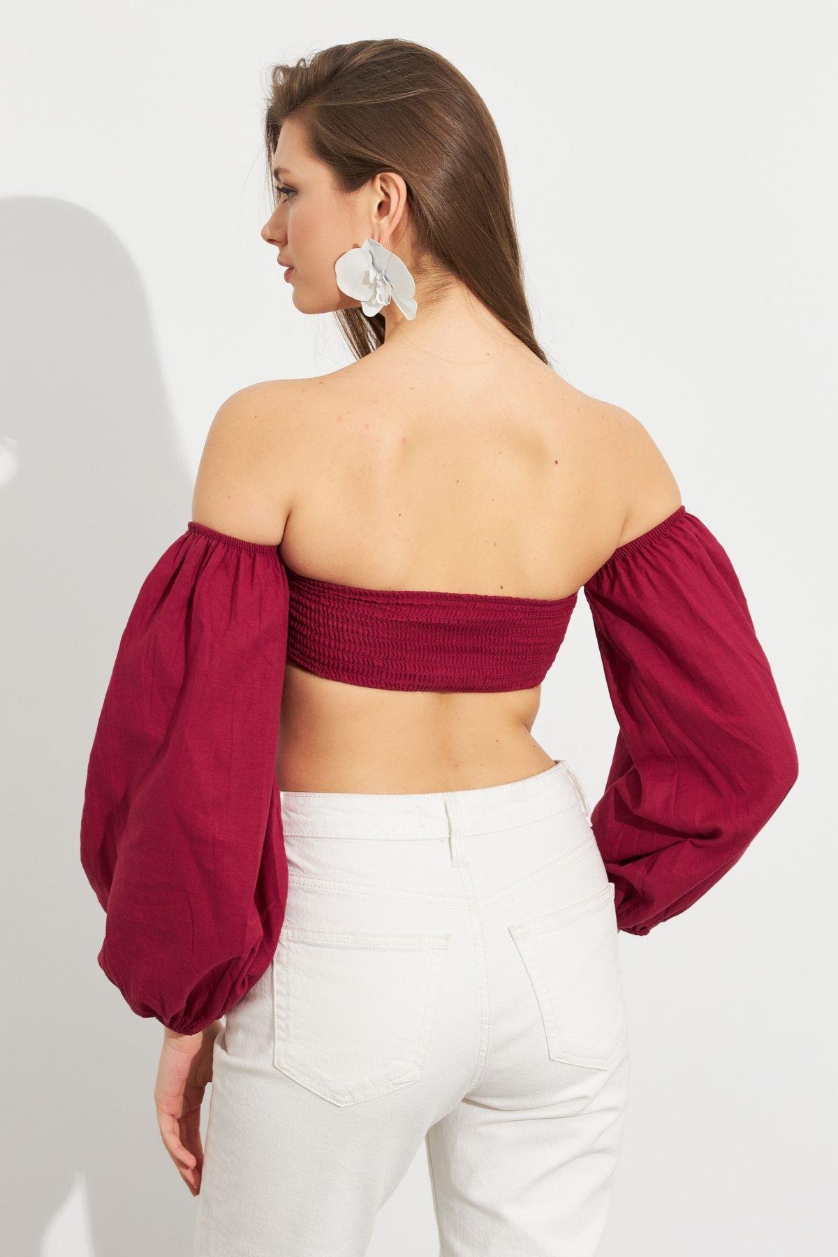 Kadın Butter Yellow Balon Kol Crop Bluz Rop111