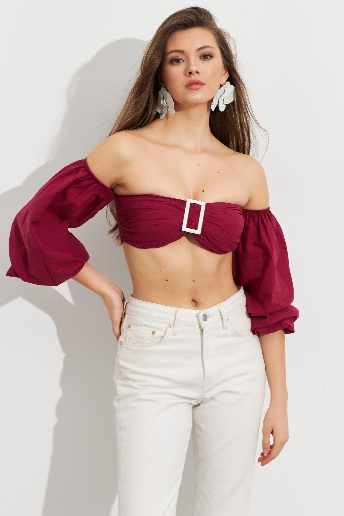 Kadın Butter Yellow Balon Kol Crop Bluz Rop111