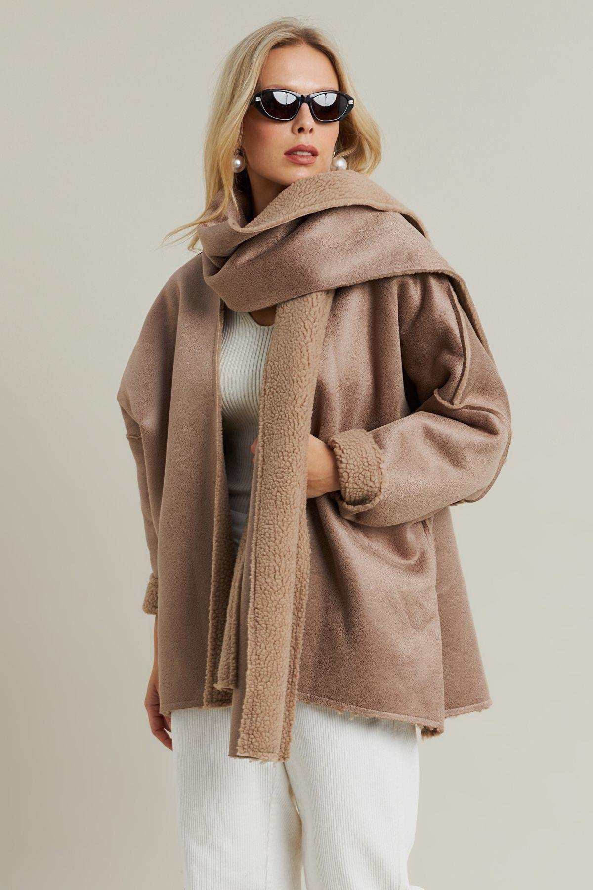 Kadın Camel Atkılı İçi Peluş Premium Ceket SE5