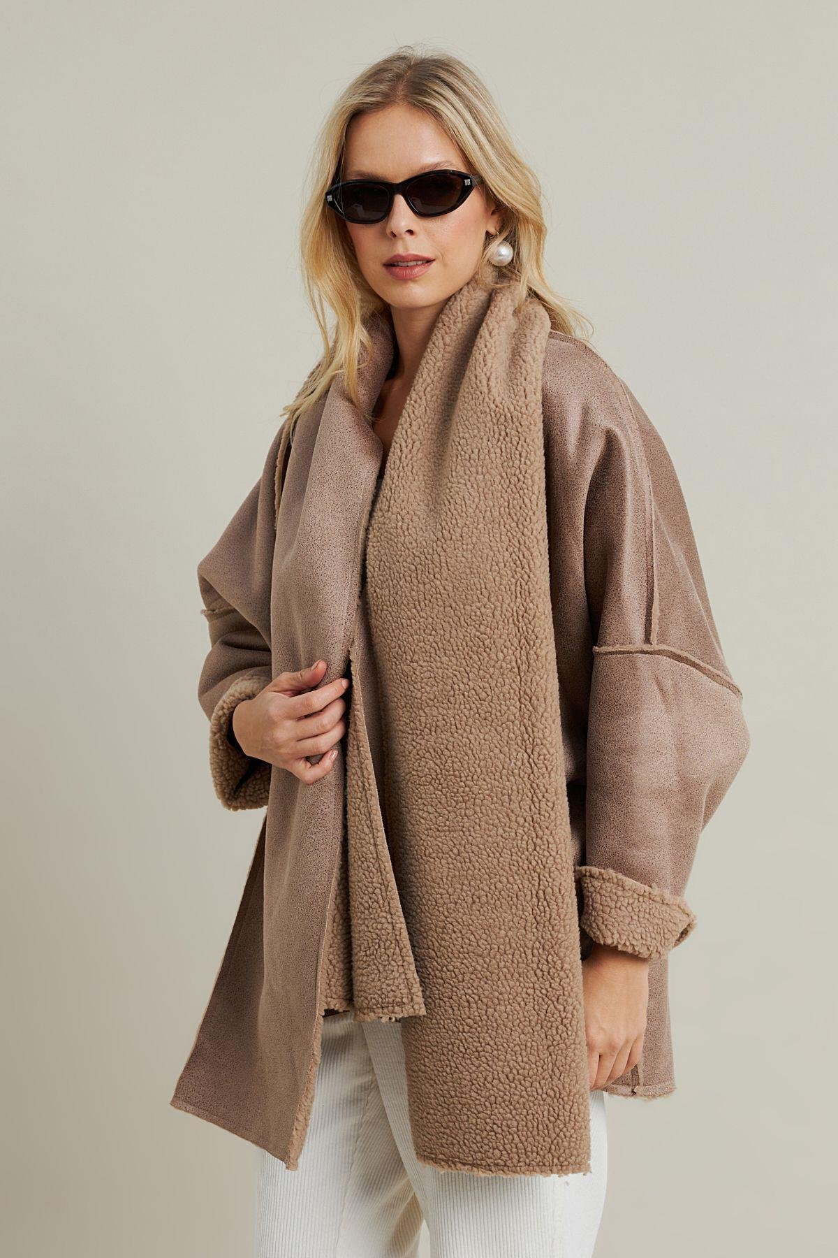 Kadın Camel Atkılı İçi Peluş Premium Ceket SE5