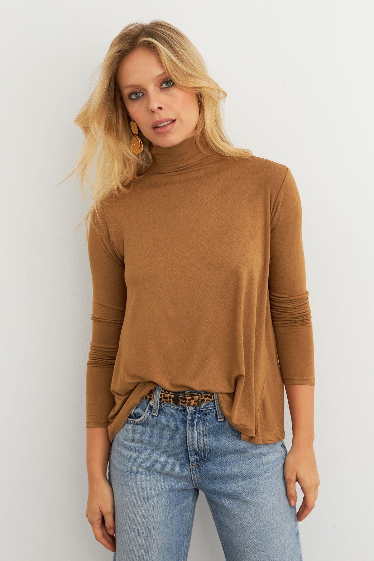 Kadın Camel Basic Balıkçı Yaka Bluz MKAZ501
