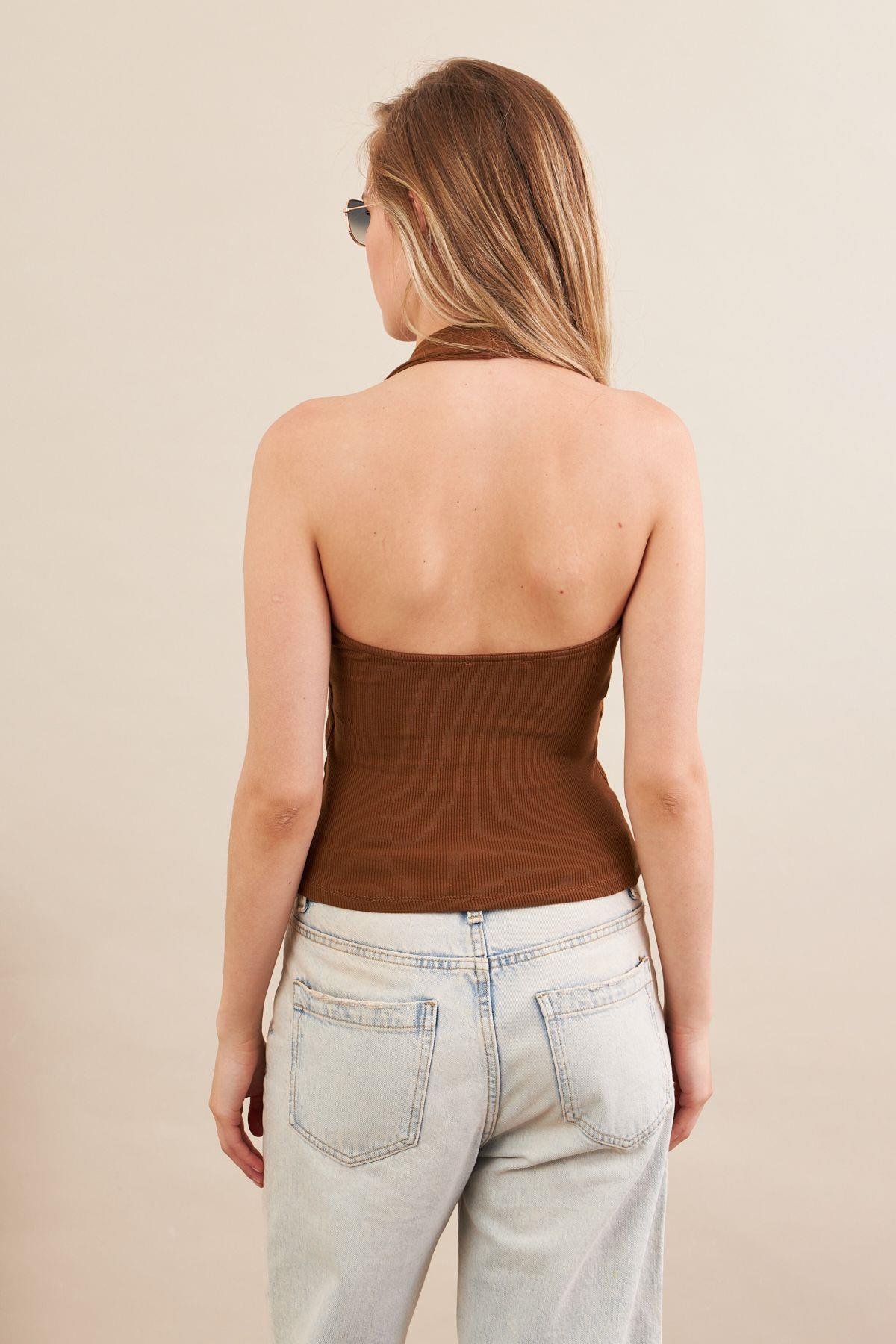 Kadın Camel Boyun Askılı Bluz ZH171