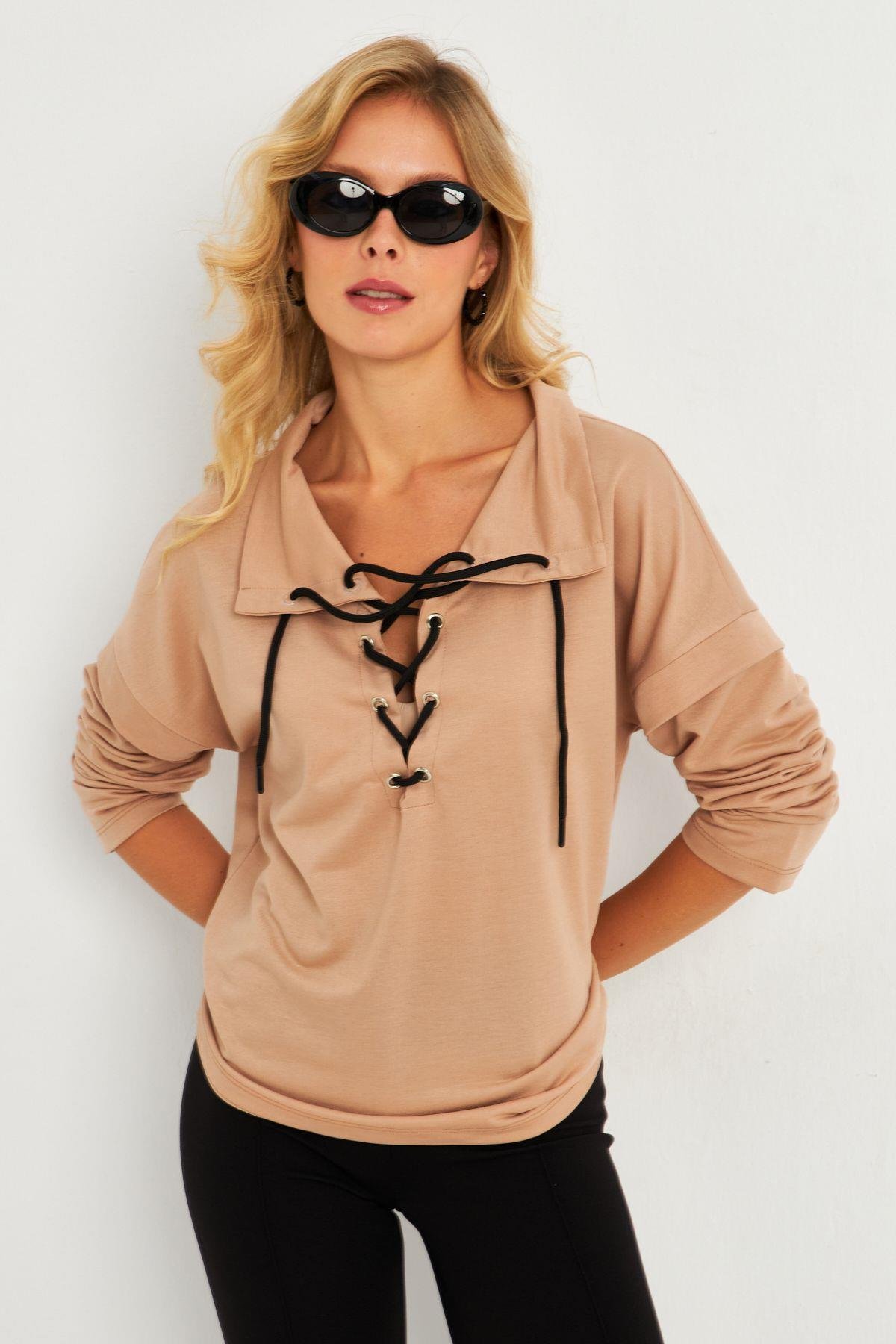 Kadın Camel Kuşgözlü Sweatshirt TF04