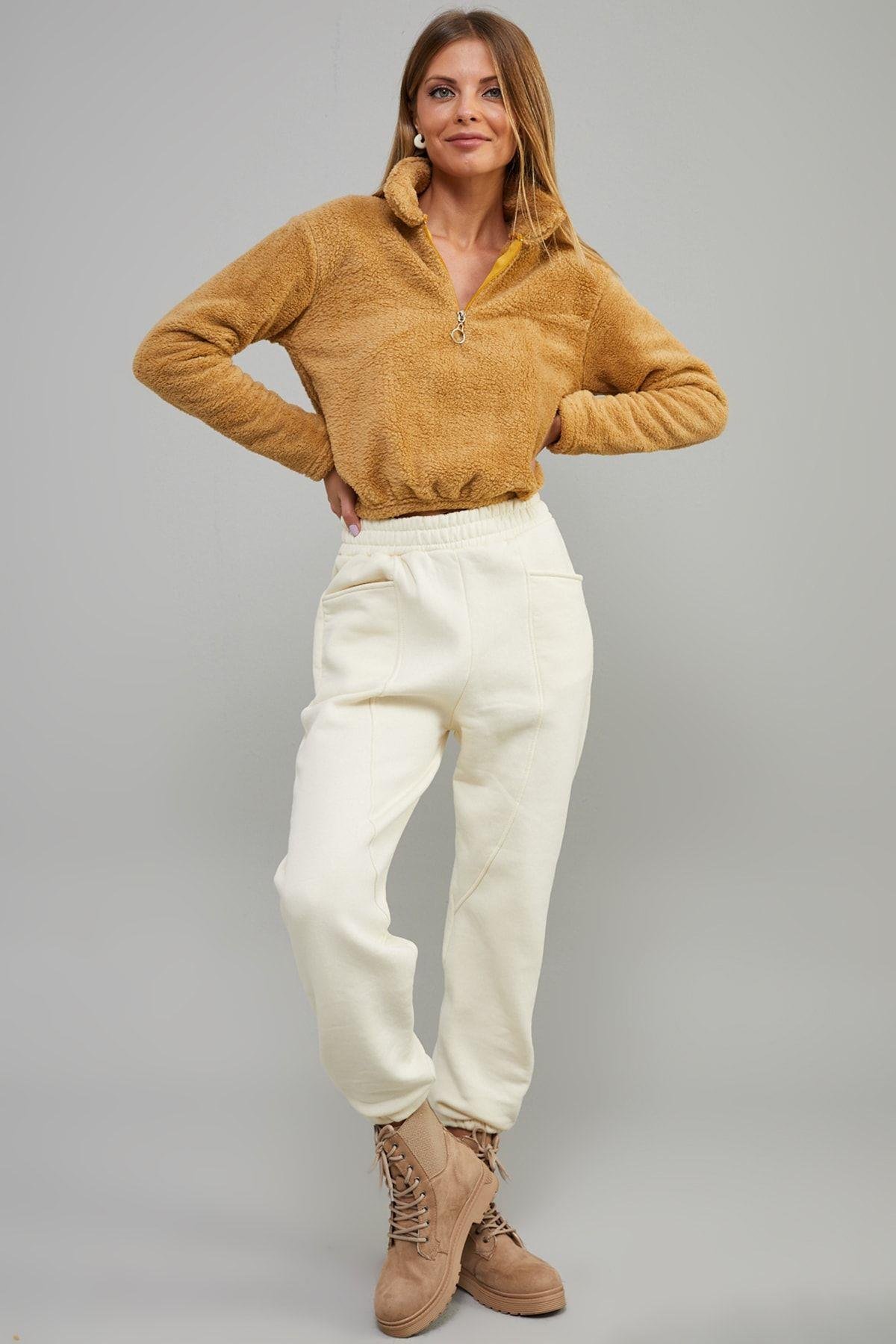 Kadın Camel Önü Fermuarlı Crop Peluş Sweatshirt DA85