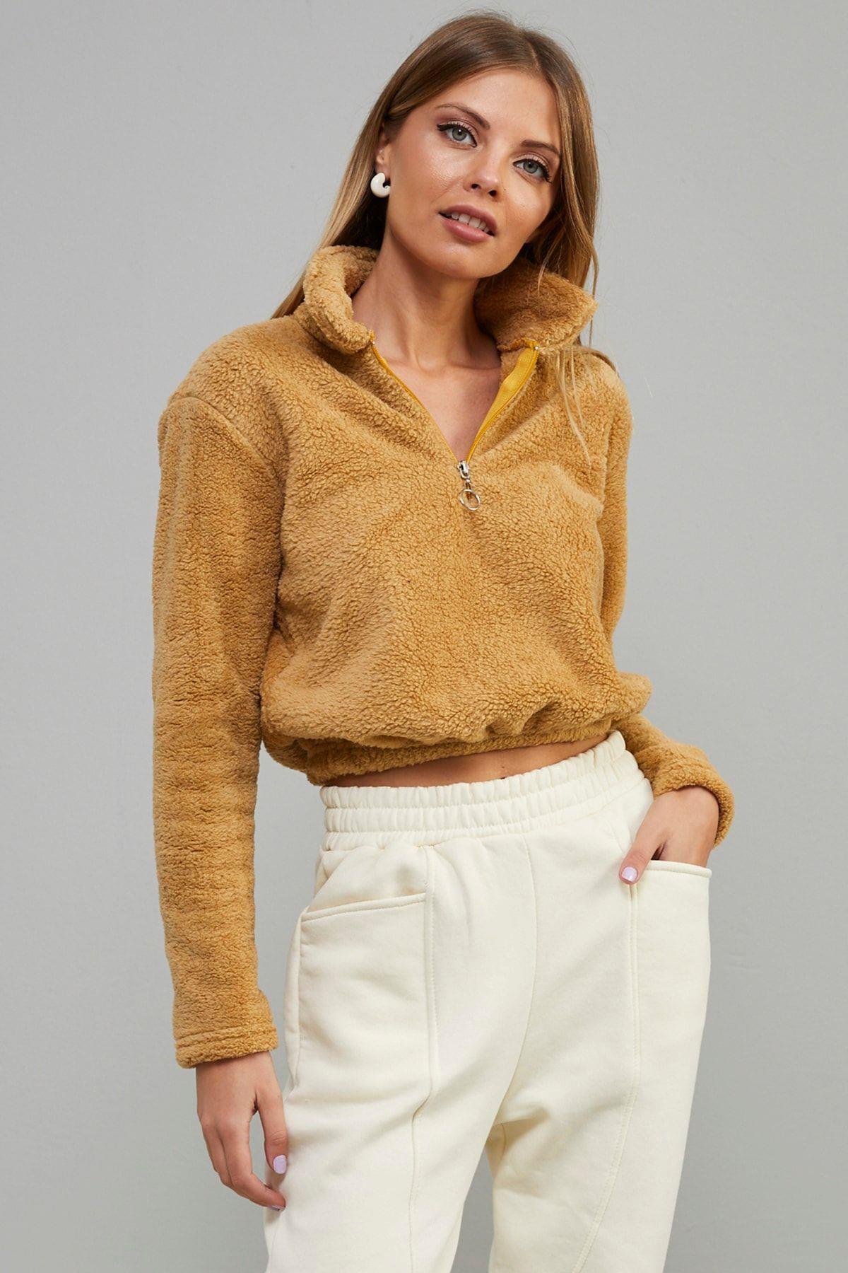 Kadın Camel Önü Fermuarlı Crop Peluş Sweatshirt DA85