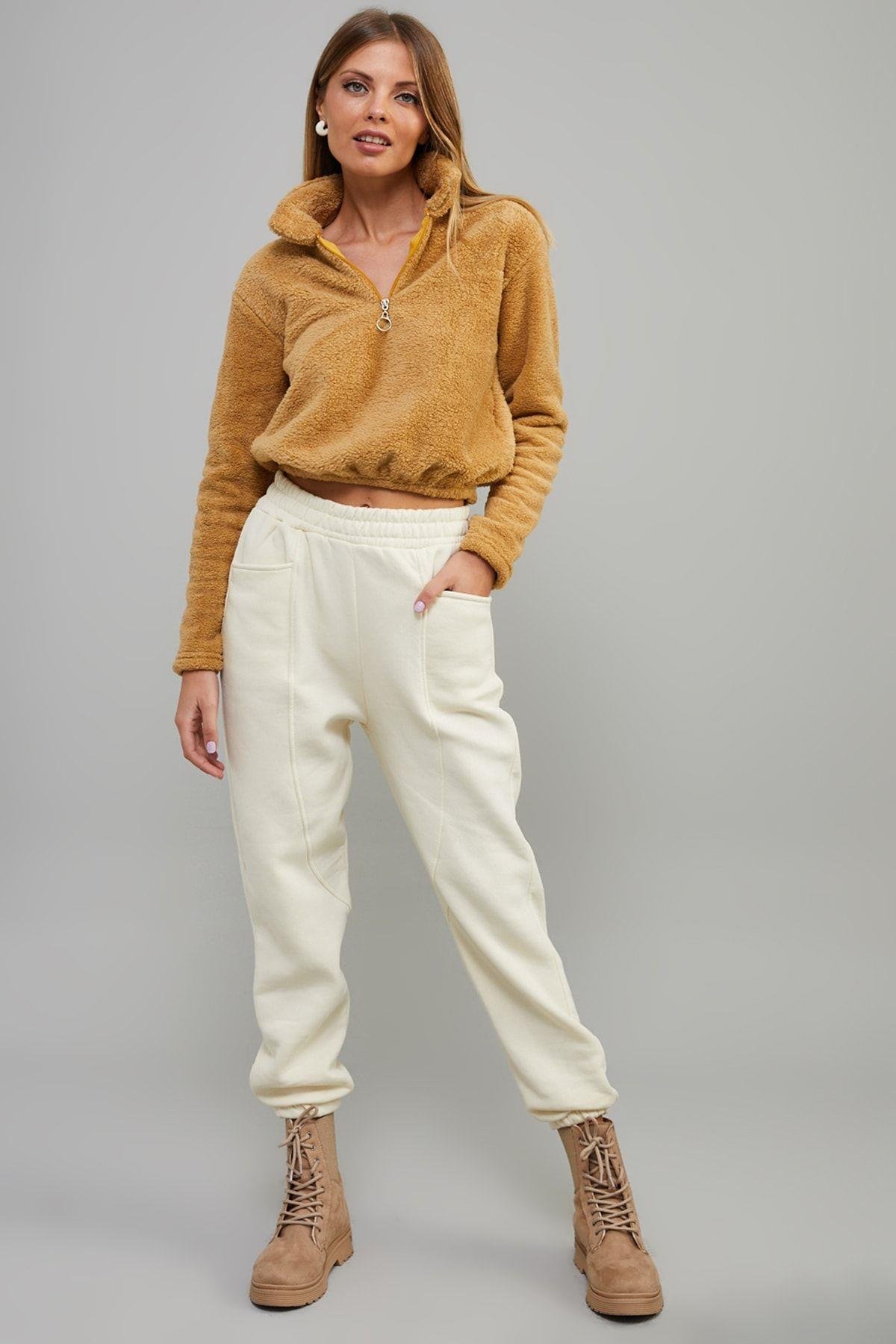 Kadın Camel Önü Fermuarlı Crop Peluş Sweatshirt DA85