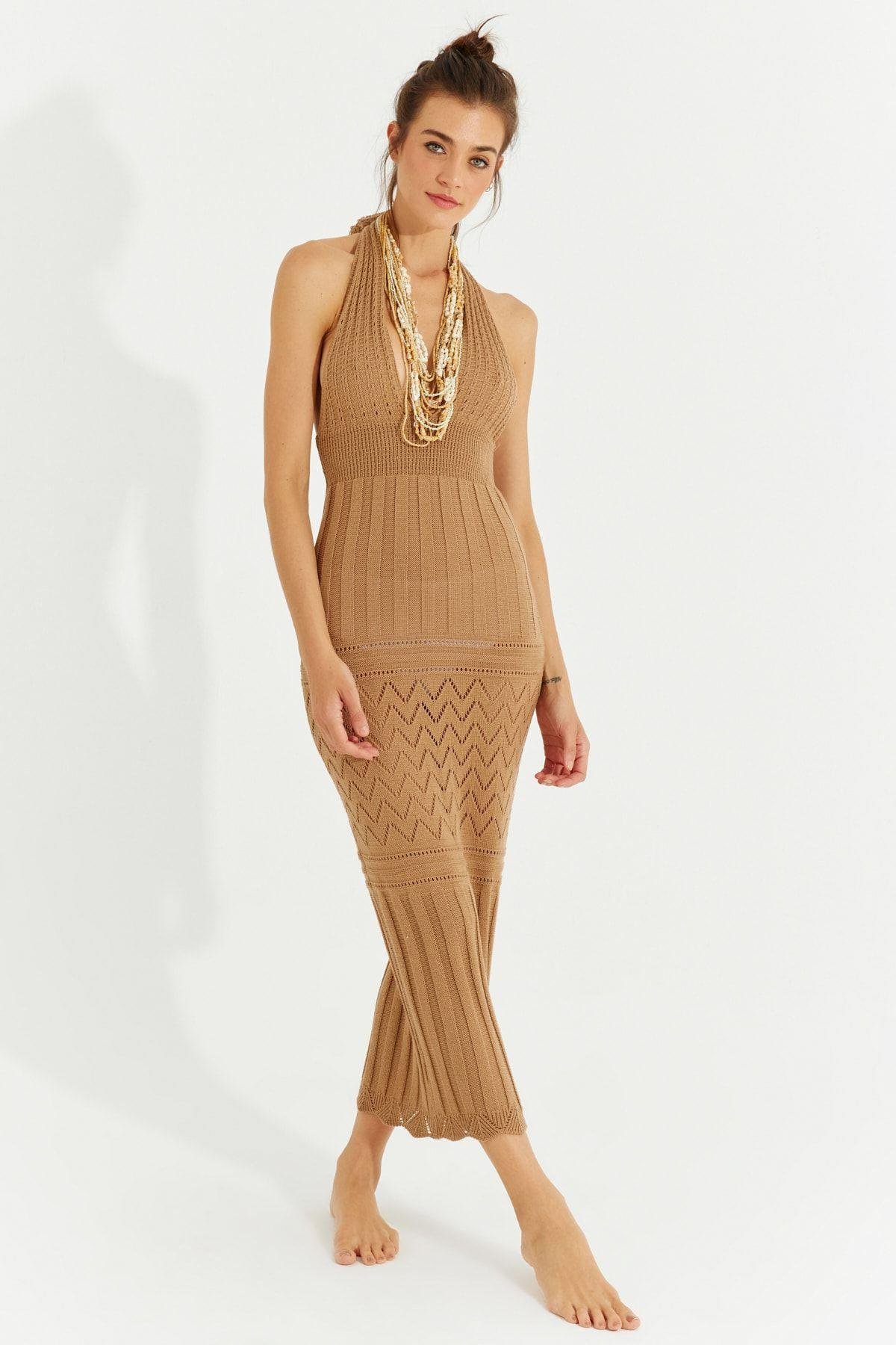 Kadın Camel Sırtı Açık Triko Maxi Elbise SF2505