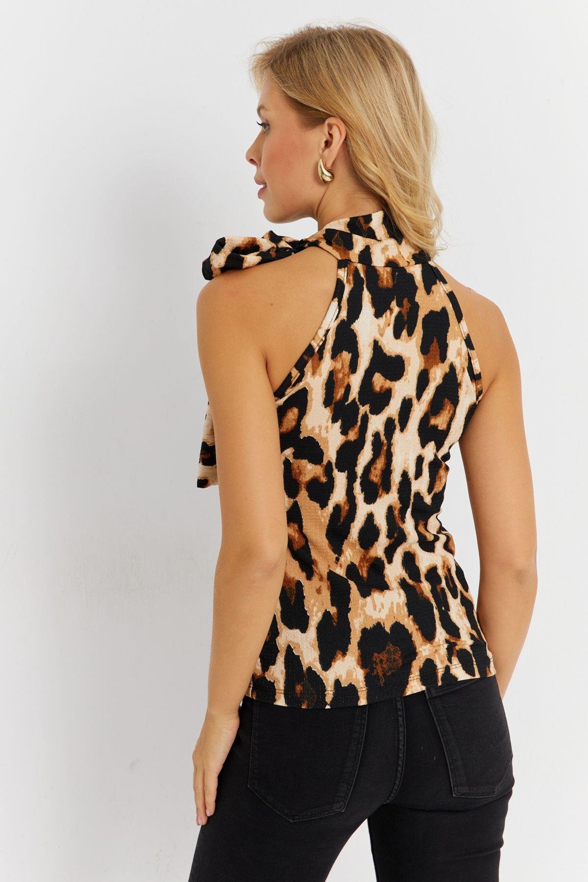 Kadın Camel-Siyah Boyun Bağlamalı Leopar Desenli Bluz EY2890