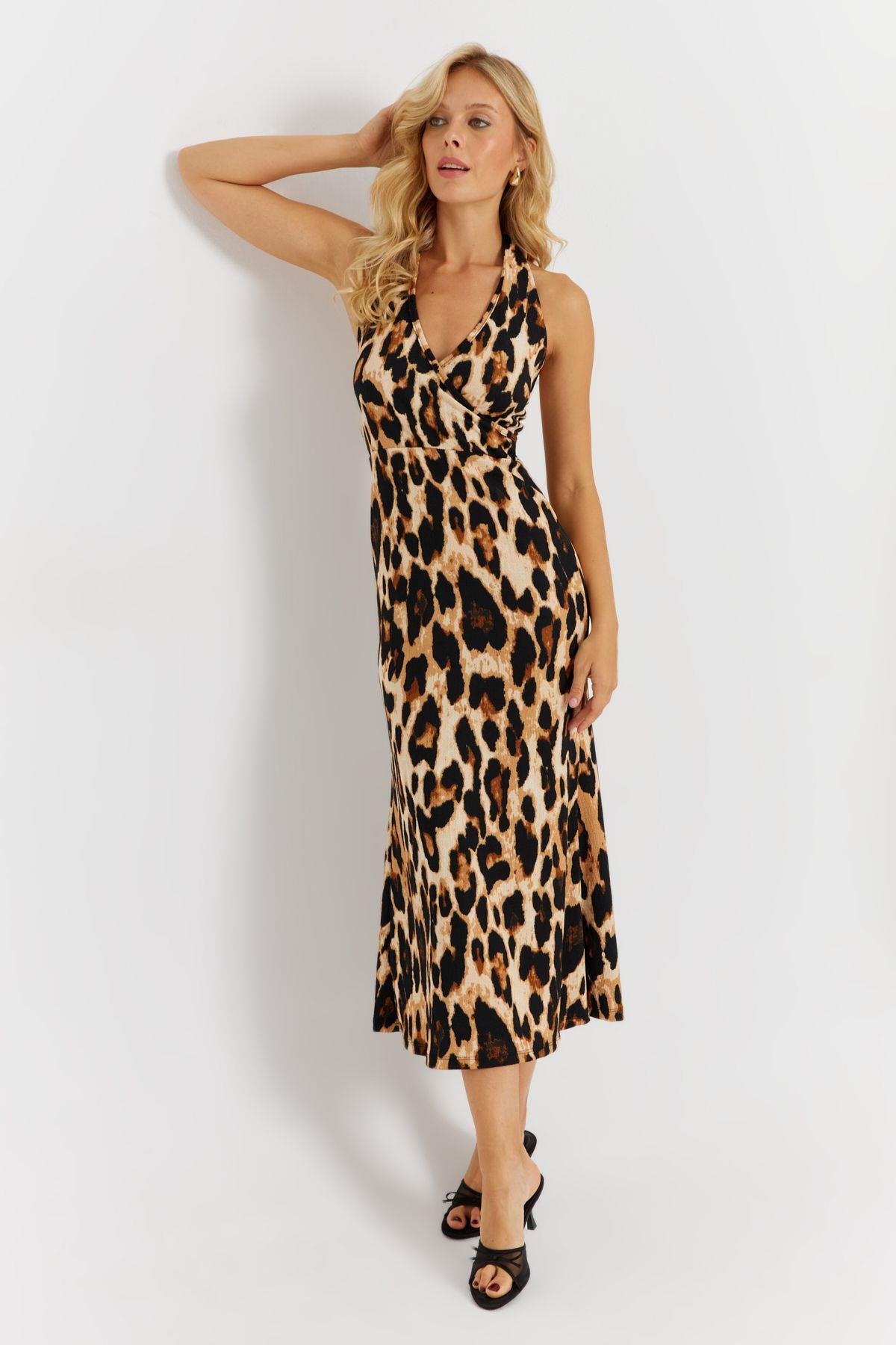 Kadın Camel-Siyah Boyun Bağlamalı Leopar Desenli Midi Elbise EY2897