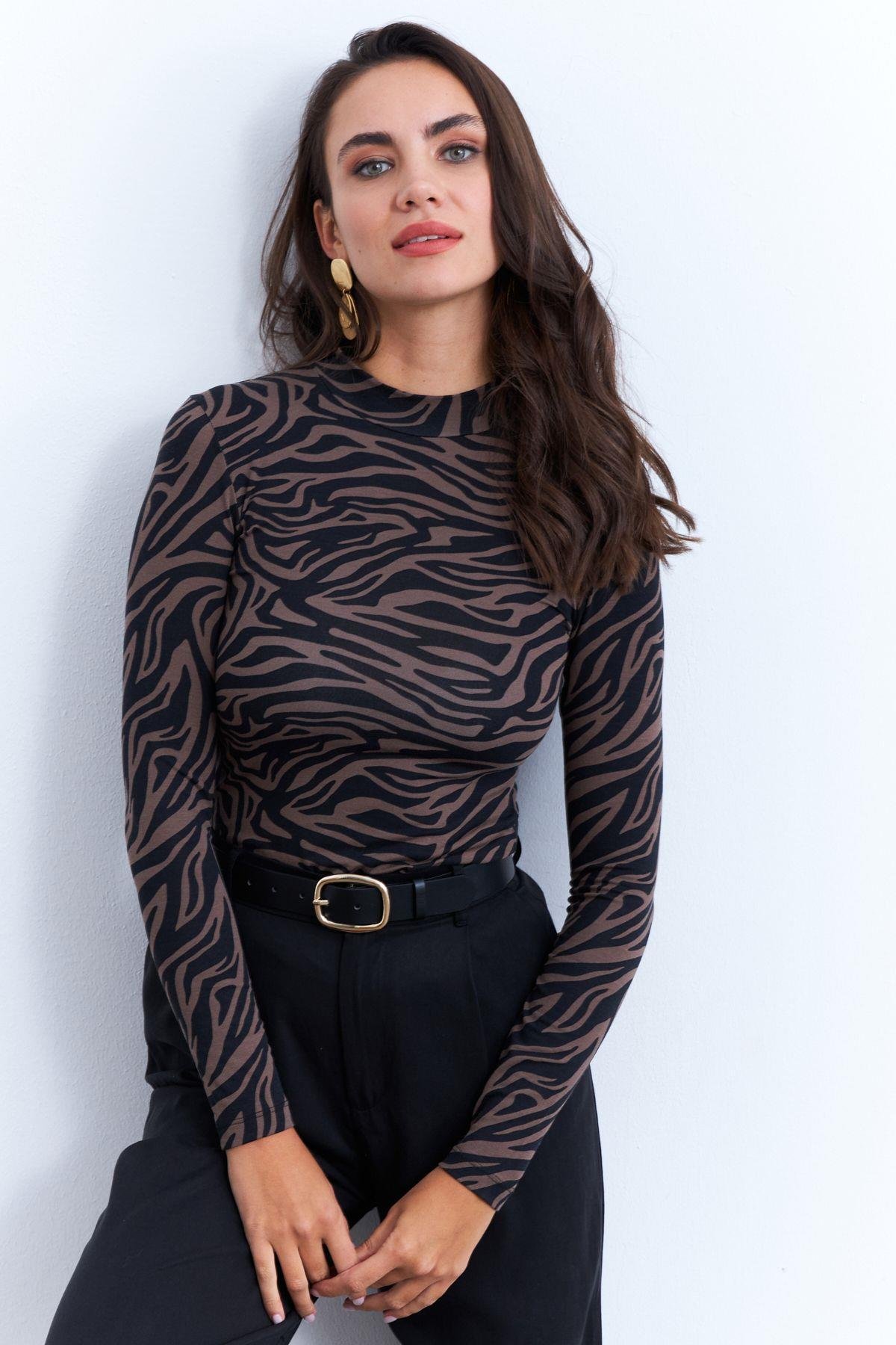 Kadın Camel-Siyah Desenli Bluz LPP1275