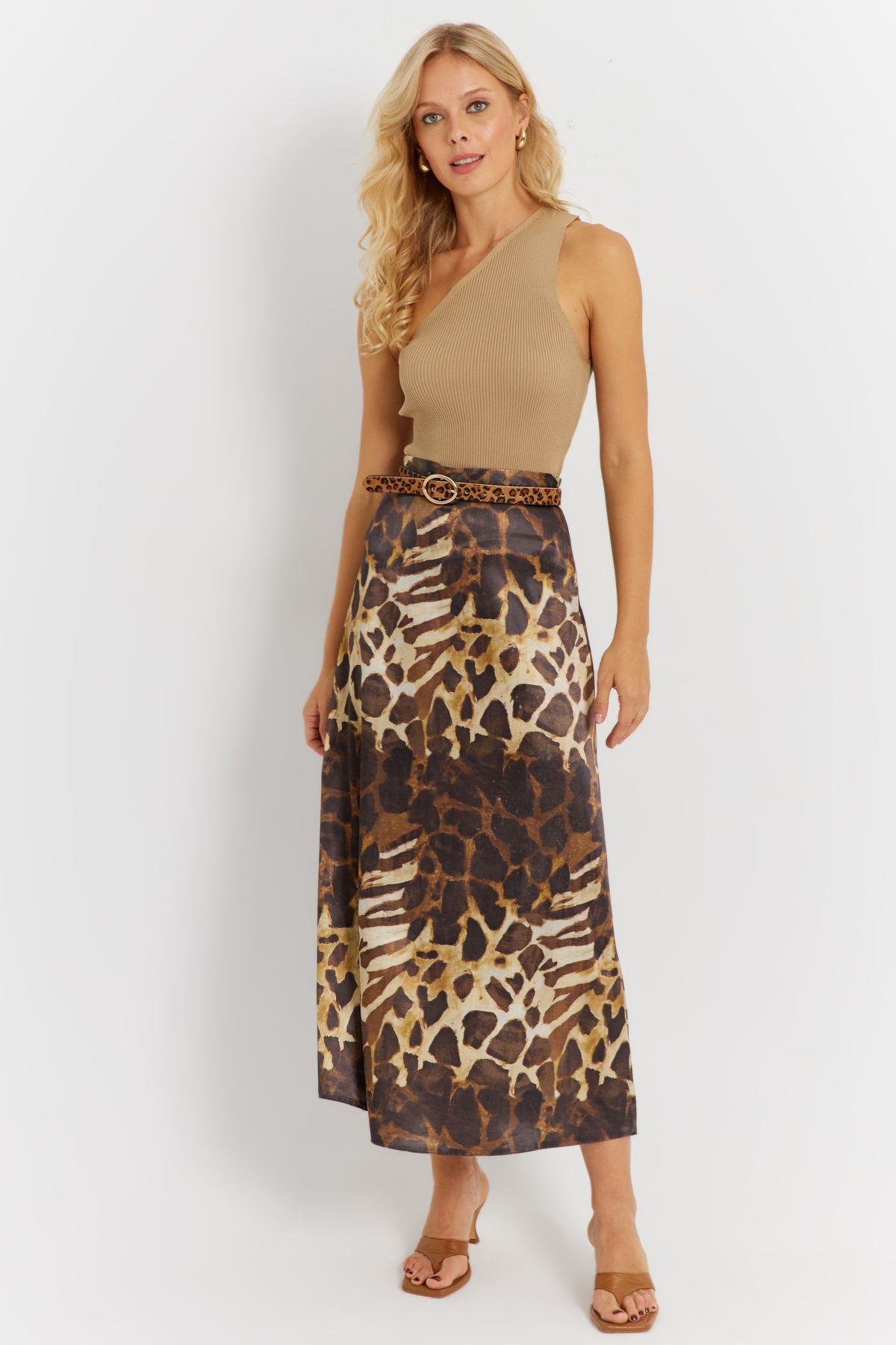 Kadın Camel-Siyah Desenli Saten Etek KED170