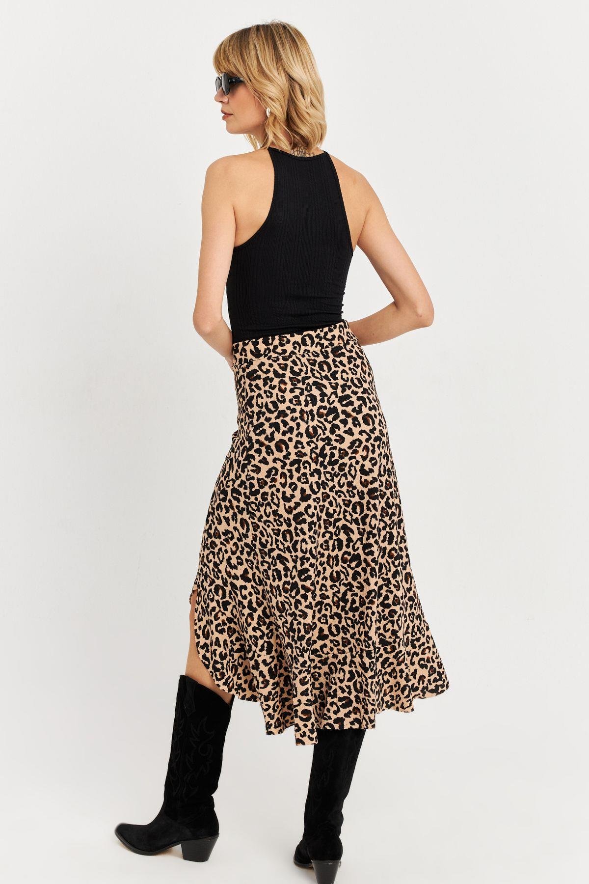 Kadın Camel-Siyah Fırfırlı Asimetrik Leopar Midi Etek LON3011