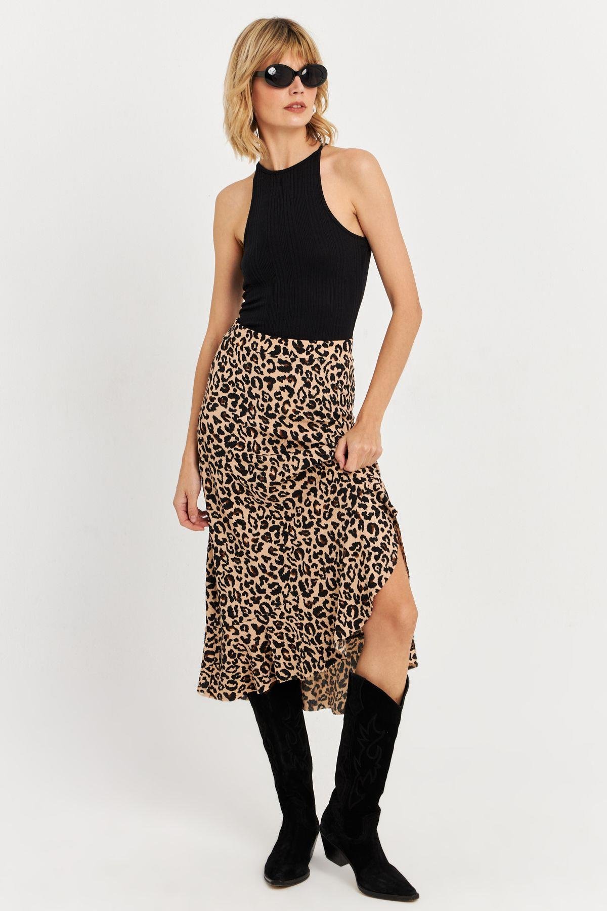 Kadın Camel-Siyah Fırfırlı Asimetrik Leopar Midi Etek LON3011