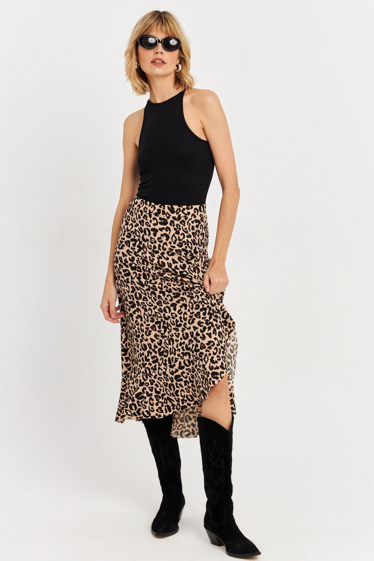 Kadın Camel-Siyah Fırfırlı Asimetrik Leopar Midi Etek LON3011