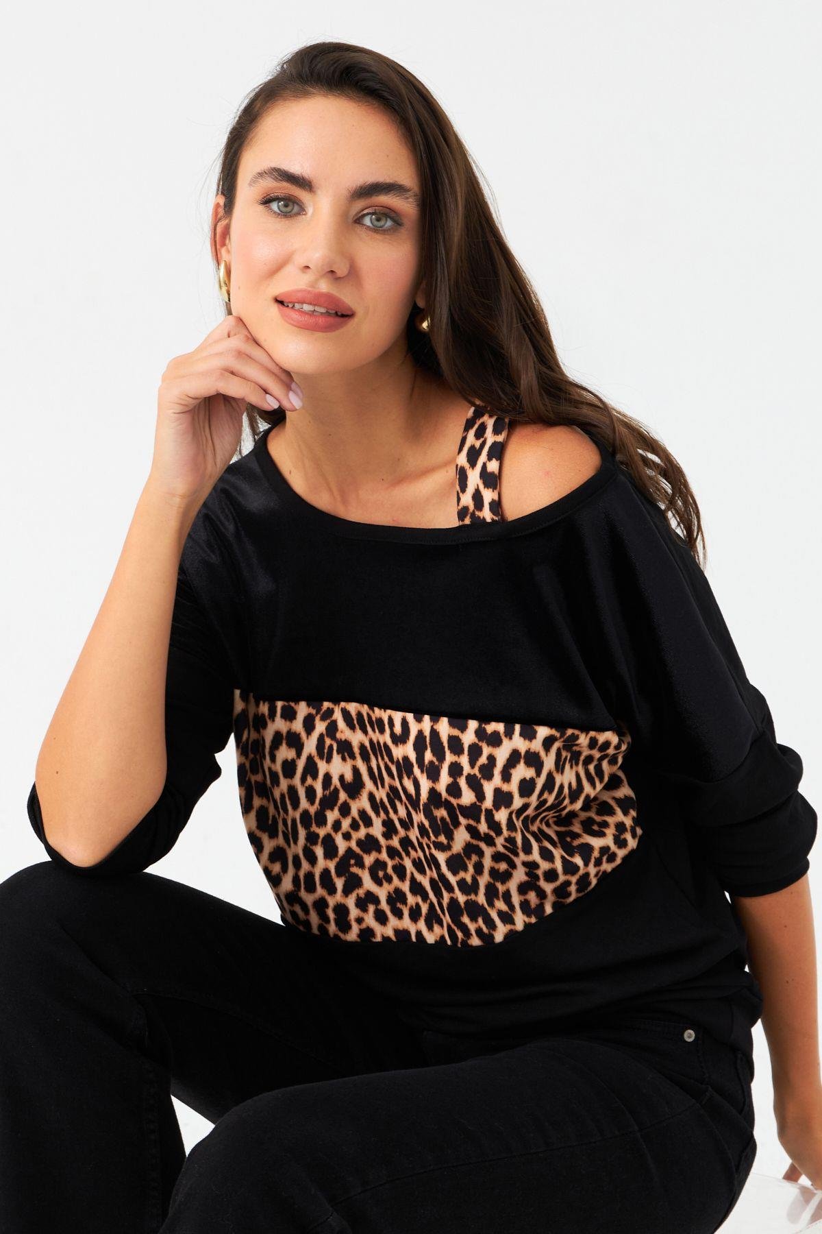 Kadın Camel-Siyah Kadife Bloklu Leopar Desenli Sweatshirt ST097