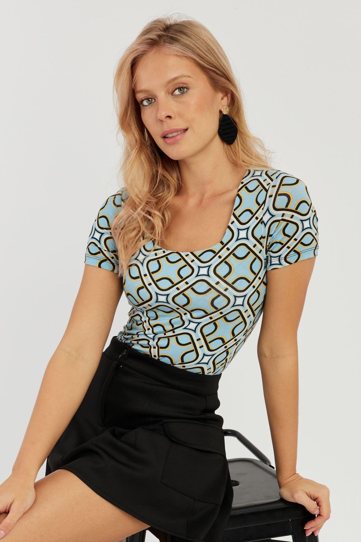 Kadın Camel-Siyah Kare Yaka Leopar Desenli Bluz LPP1258