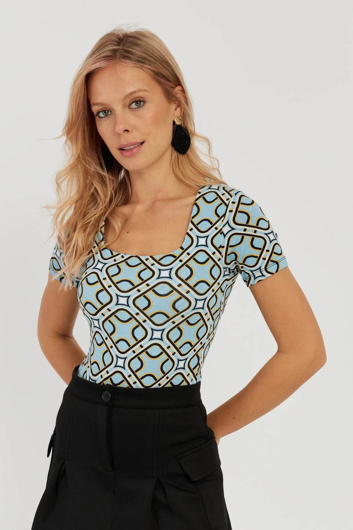 Kadın Camel-Siyah Kare Yaka Leopar Desenli Bluz LPP1258