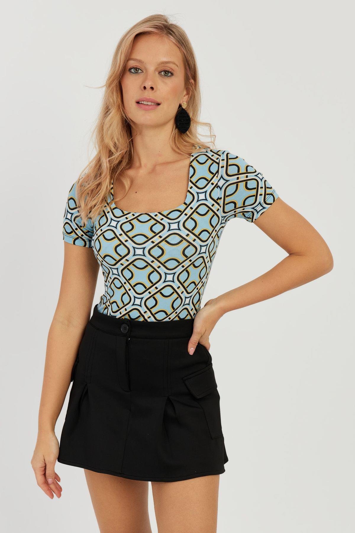 Kadın Camel-Siyah Kare Yaka Leopar Desenli Bluz LPP1258
