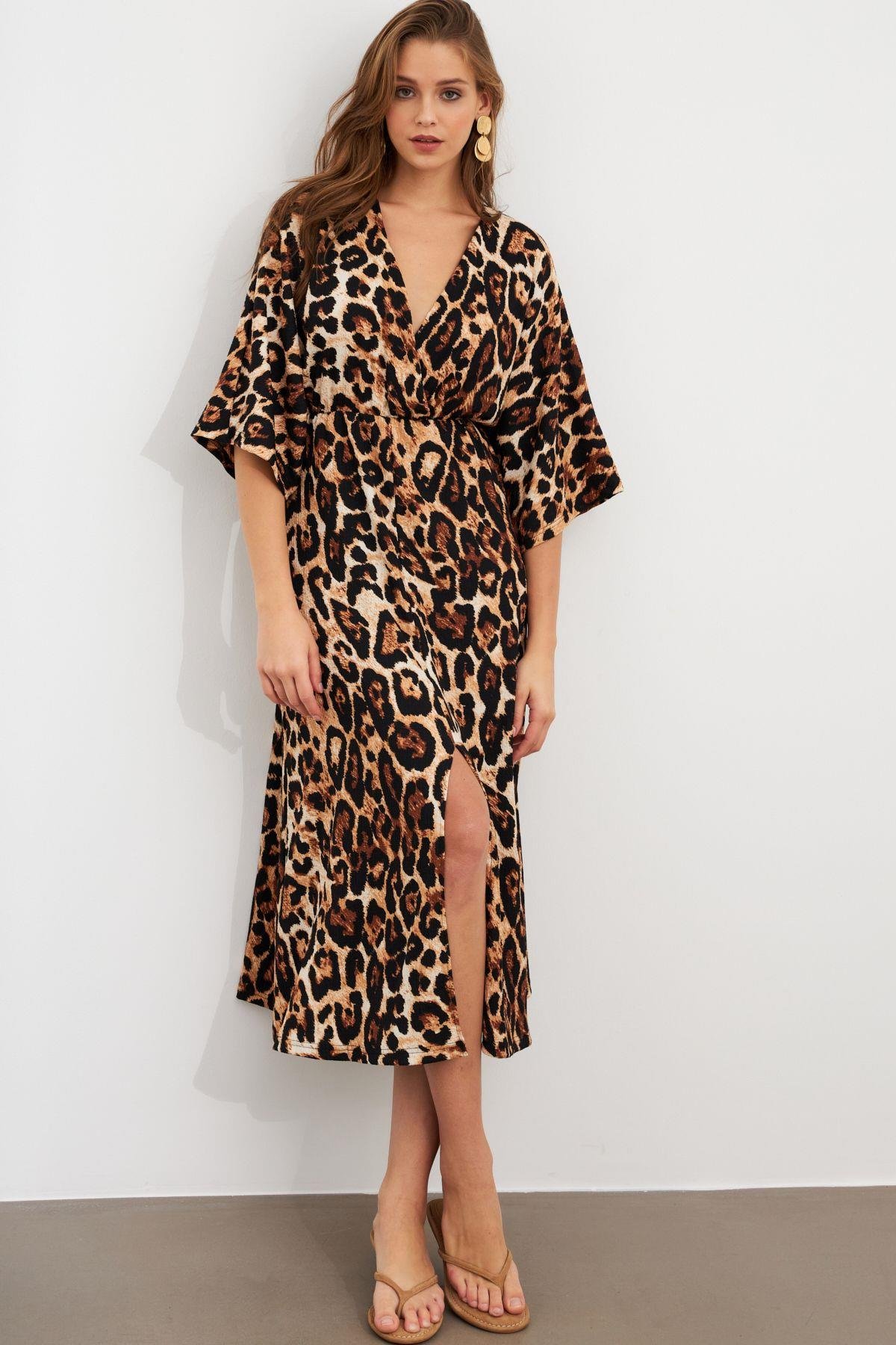 Kadın Camel-Siyah Kruvaze Leopar Midi Elbise KAB306