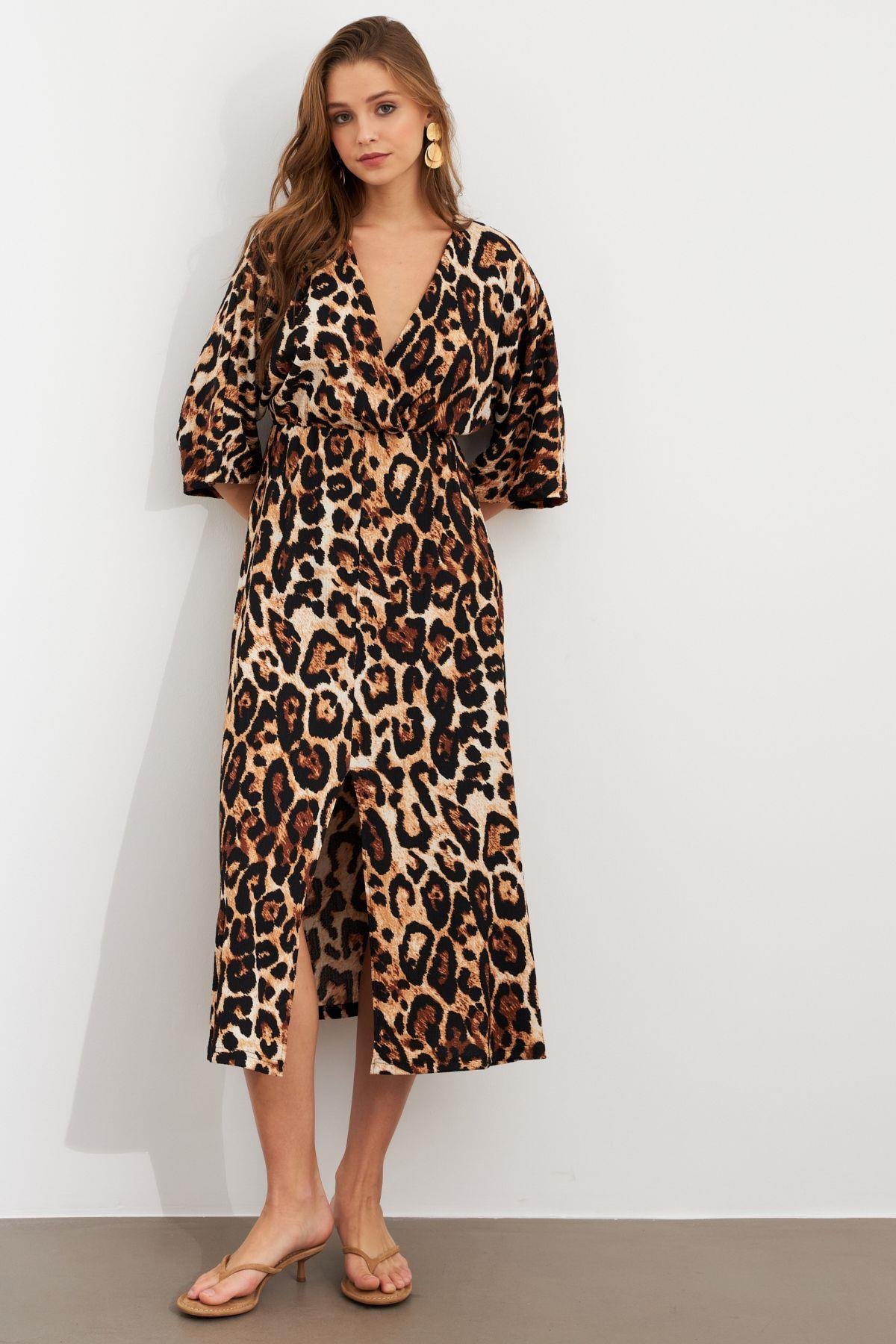 Kadın Camel-Siyah Kruvaze Leopar Midi Elbise KAB306