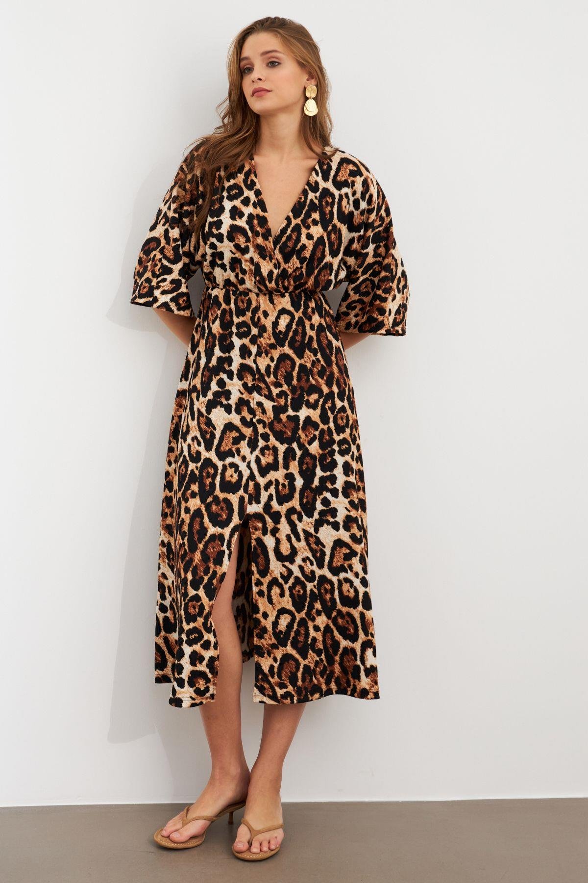 Kadın Camel-Siyah Kruvaze Leopar Midi Elbise KAB306