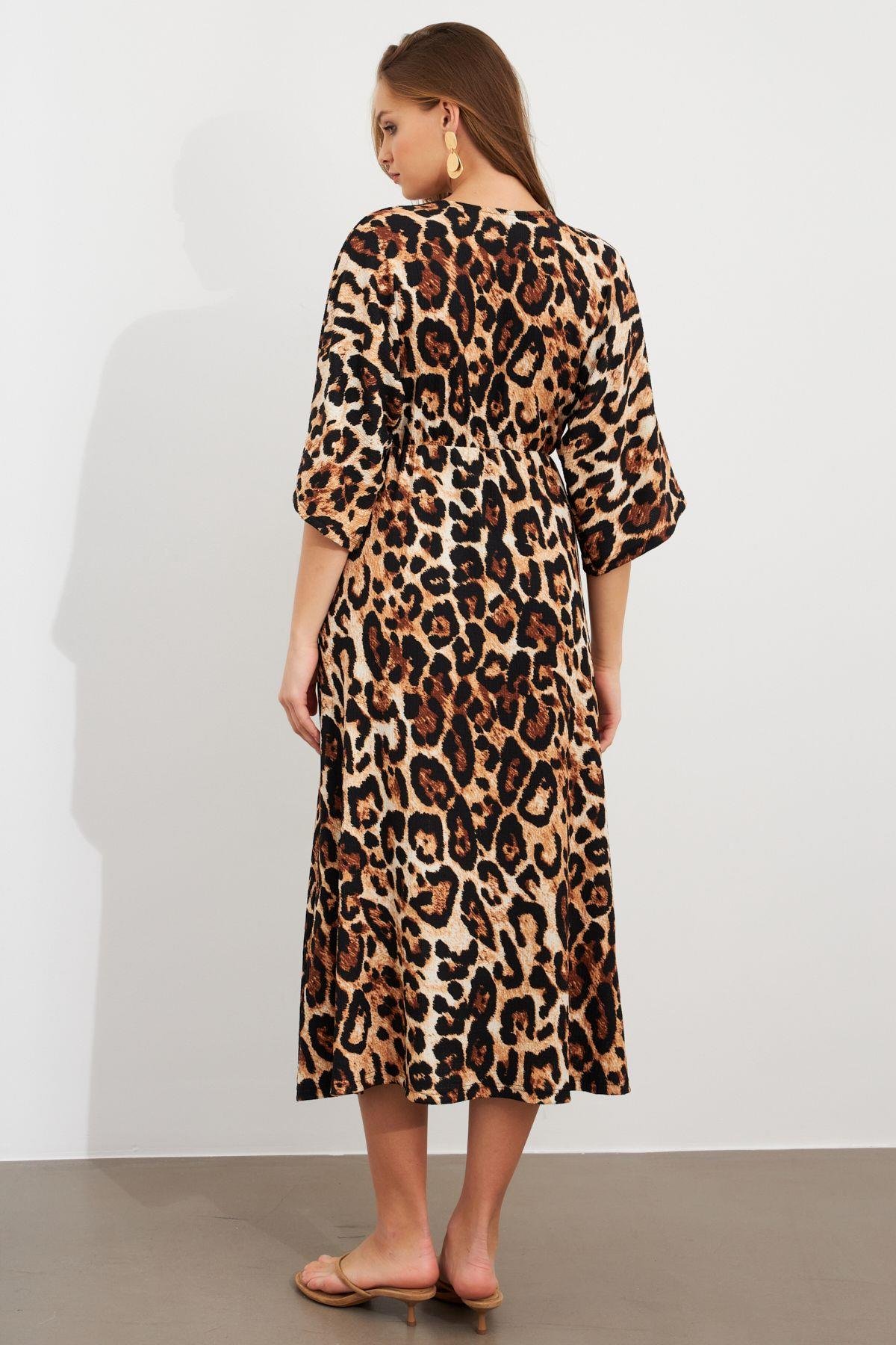 Kadın Camel-Siyah Kruvaze Leopar Midi Elbise KAB306